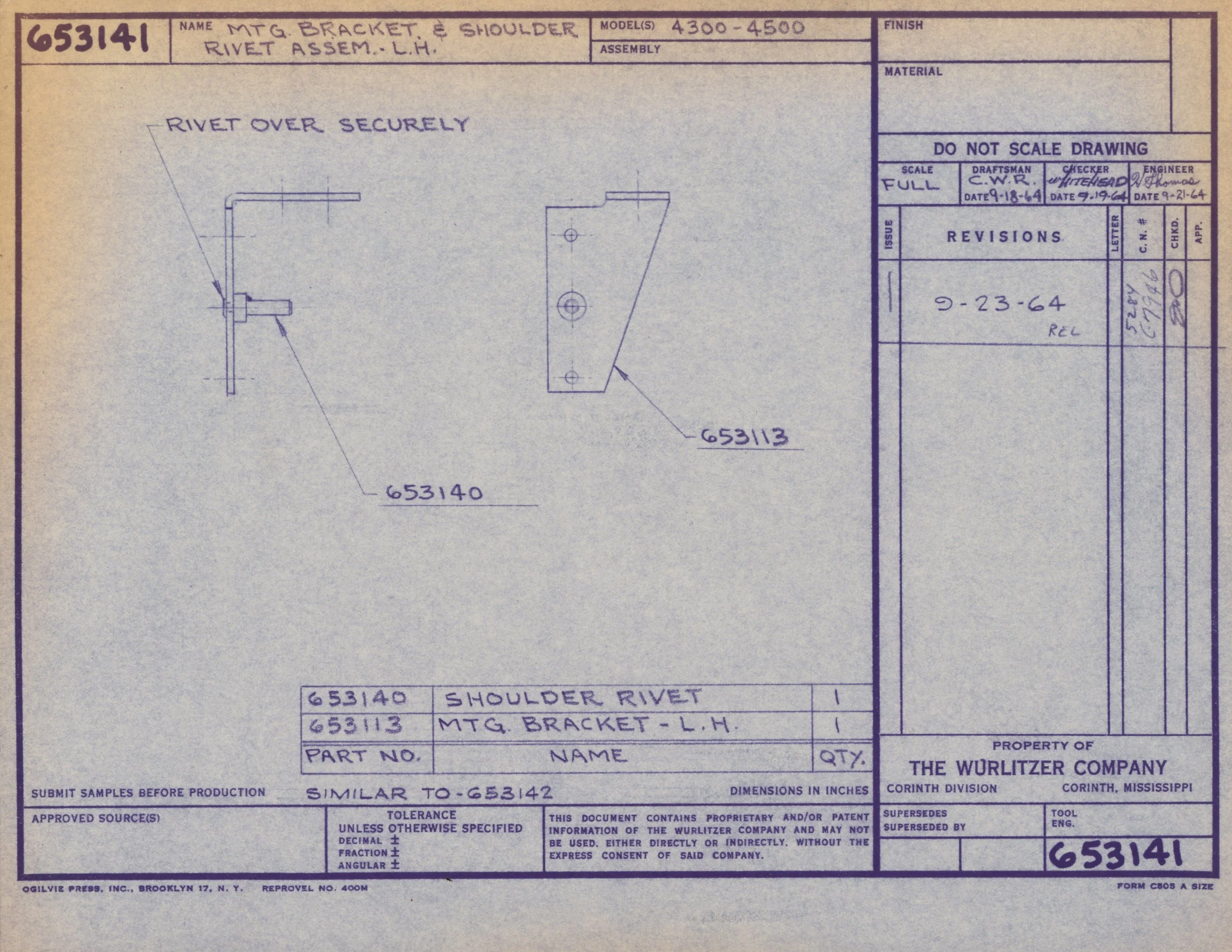 Technical engineering drawing of a shoulder rivet and mounting bracket, with handwritten notes and part numbers.