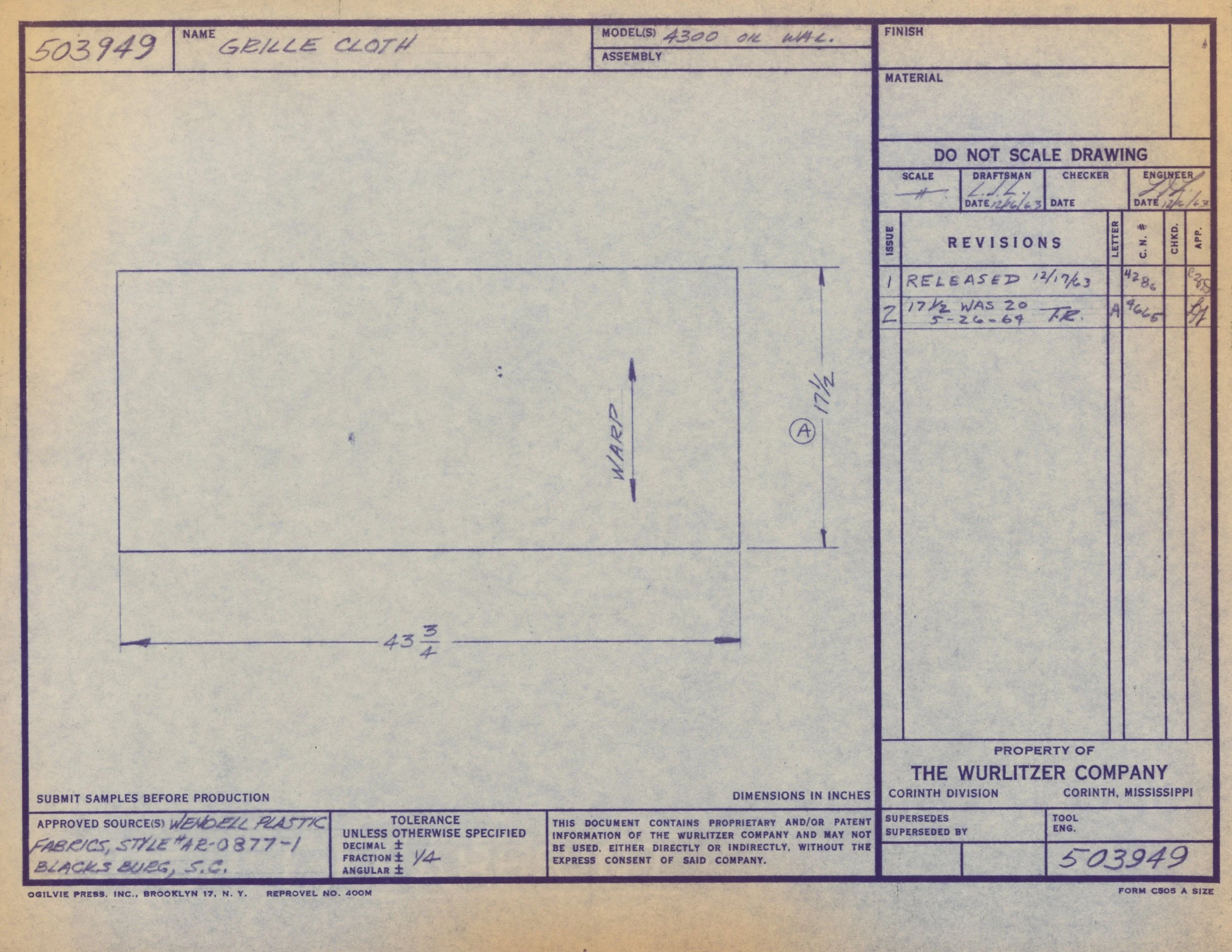 Technical blueprints and drawings for a grille cloth, including handwritten dimensions and notes, produced by The Wurlitzer Company in Corinth, Mississippi.
