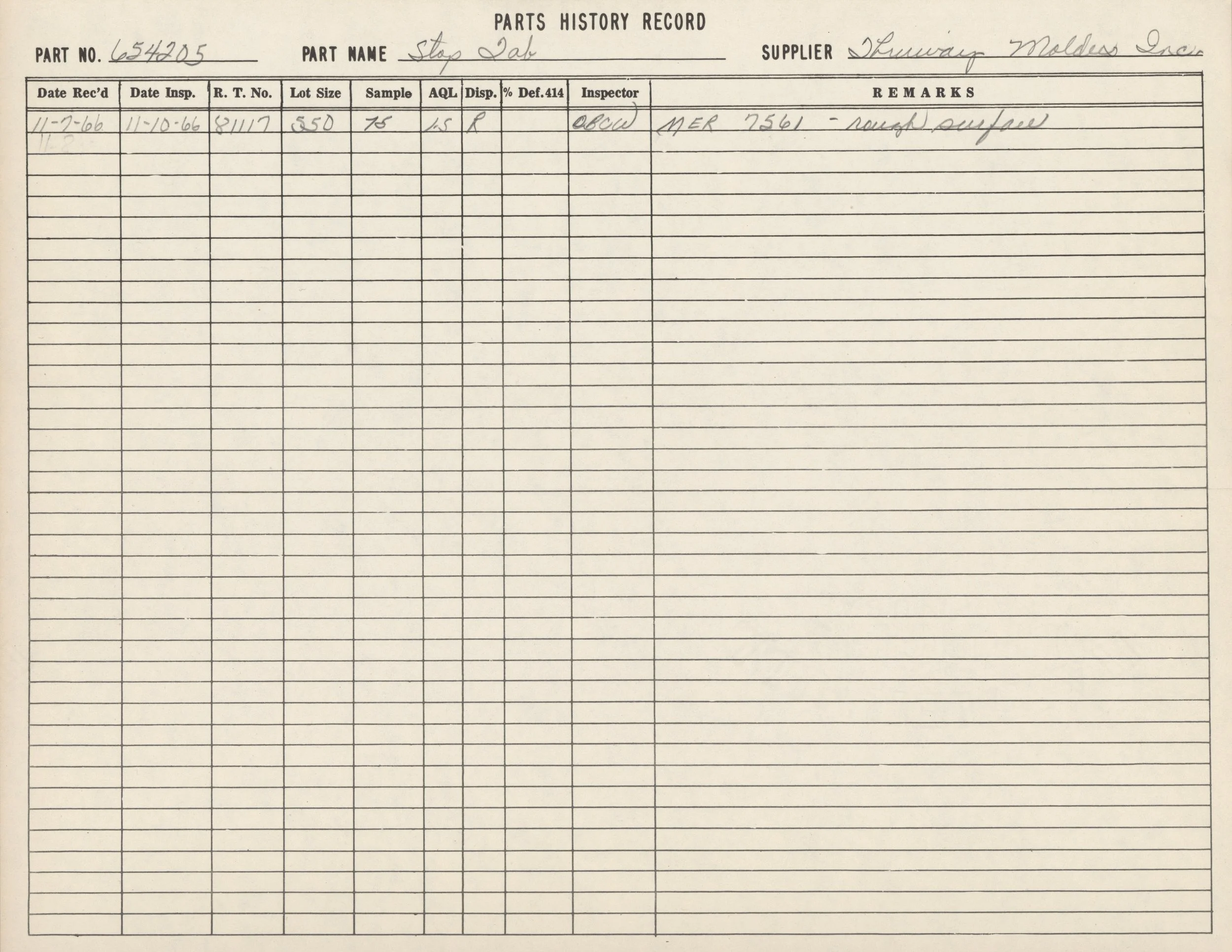 A scanned record from parts history documentation, detailing part number 544025, part name 'Stop Lab', supplied by Thurman Molders Inc., with inspection dates in November 2006, lot size 550, sample size 75, with handwritten notes and inspector initia