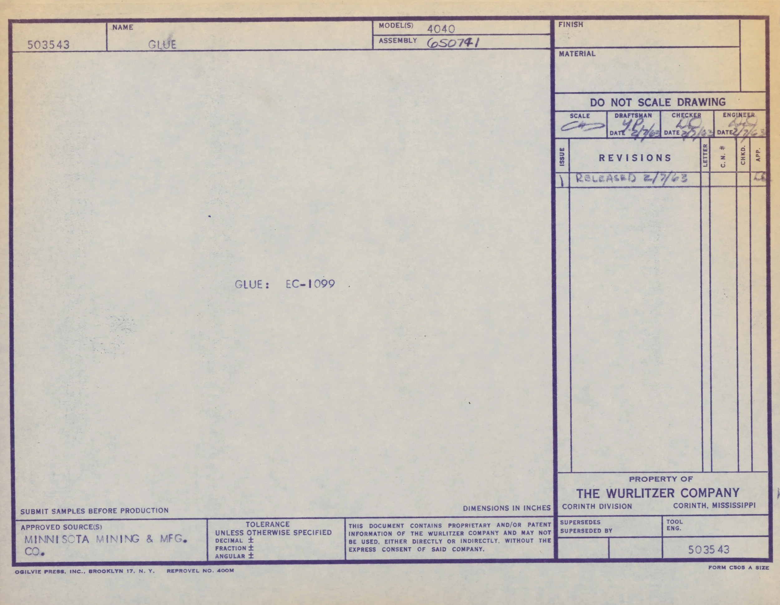 A technical drawing or blueprint for a glue product from The Wurlitzer Company, Corinth, Mississippi, with details about model, assembly, and revisions.