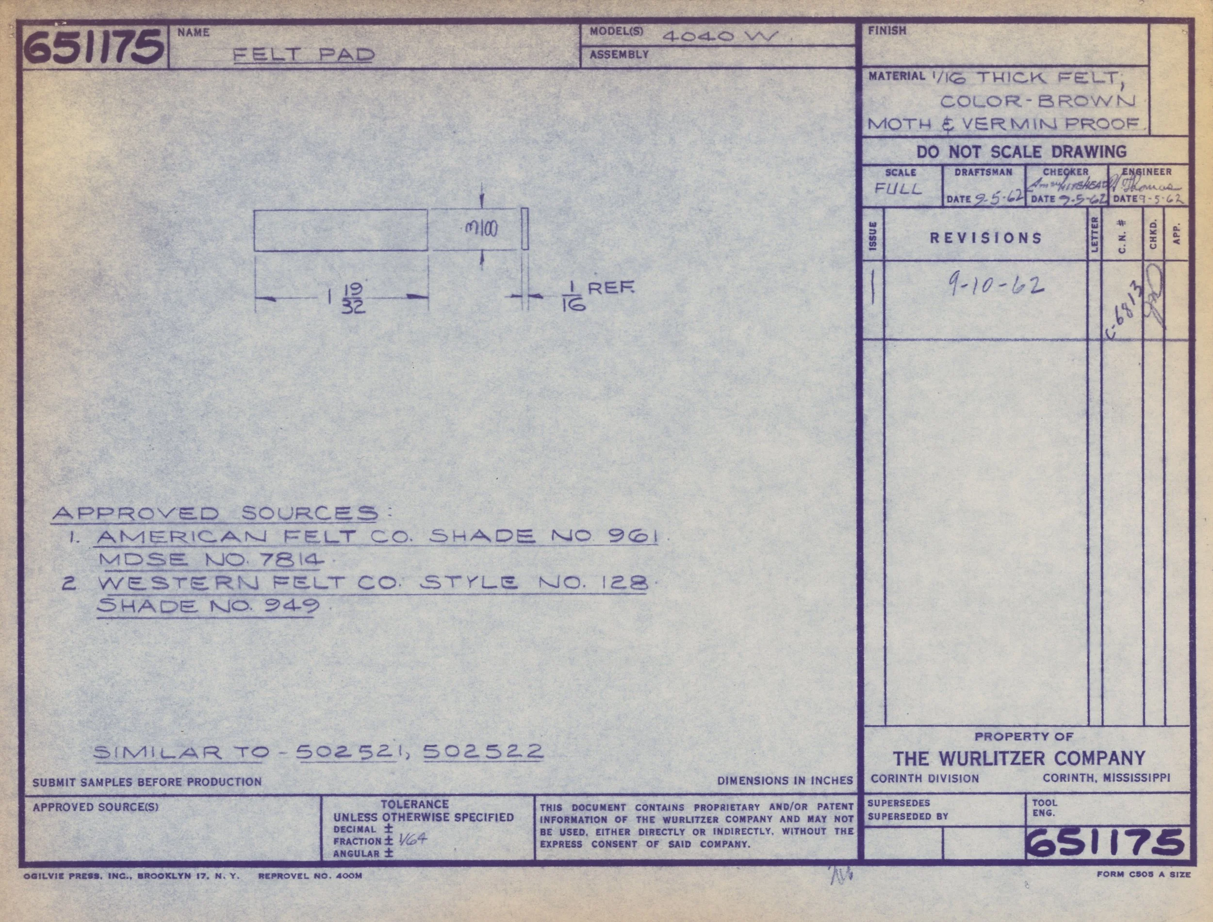 Blueprint drawing of a felt pad with measurements, specifications, and approval details, prepared by The Wurlitzer Company in Corinth, Mississippi.
