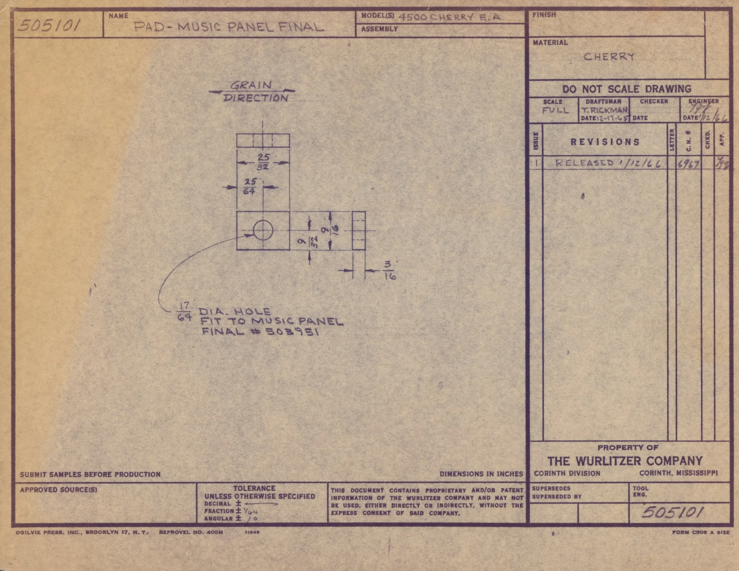 Technical drawing or blueprint for a music panel, with measurements and specifications for the parts, made by The Wurlitzer Company.