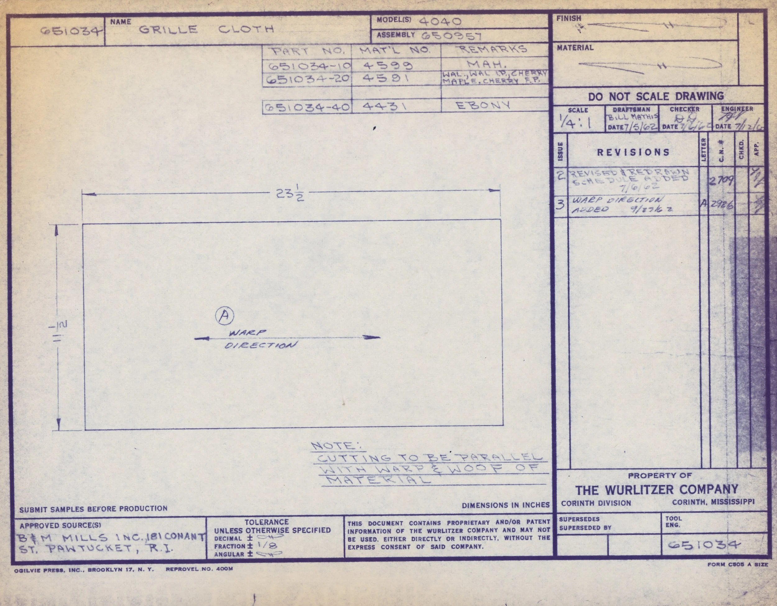 Blueprint for a product labeled as grille cloth, including measurements, materials, and revision notes from The Wurlitzer Company in Mississippi, with handwritten annotations and technical specifications.