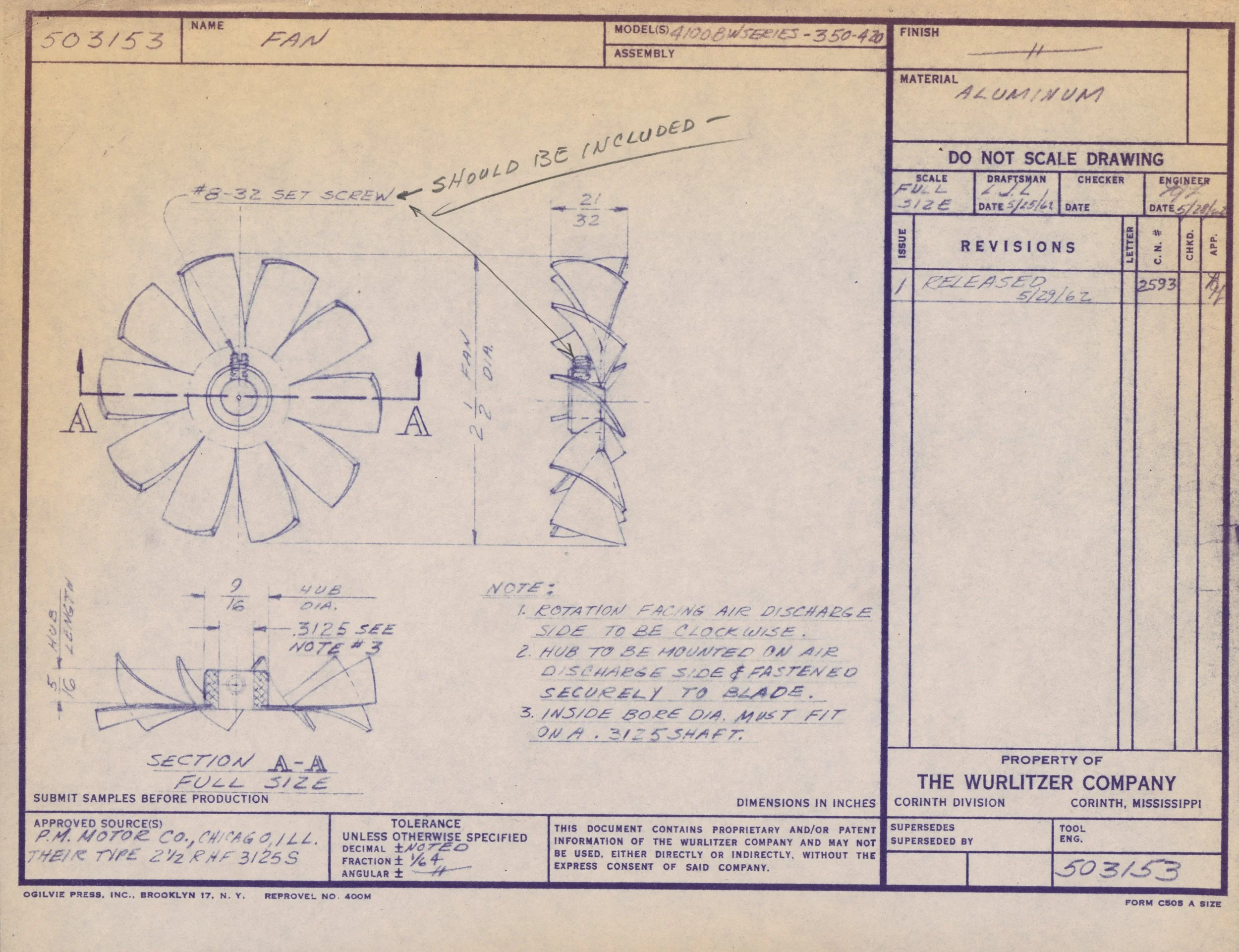Blueprint drawing of a fan blade assembly with detailed measurements and annotations, including notes on rotation, hub mounting, and blade securing methods.