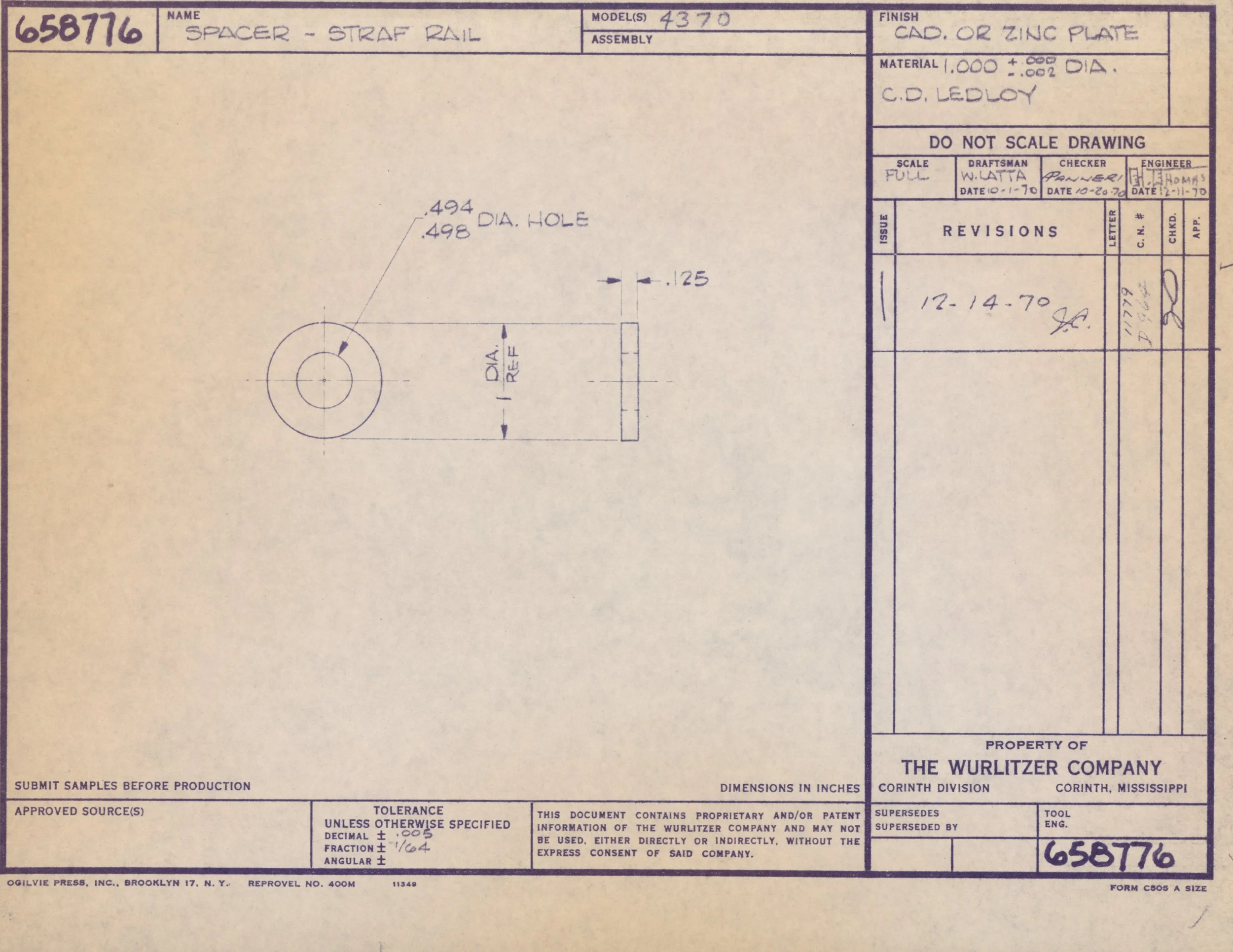 Technical blueprint or engineering drawing for a spacer or standoff with detailed measurements and specifications, including diameter and hole size, created by The Wurlitzer Company in Corinth, Mississippi, with various handwritten notes and approval