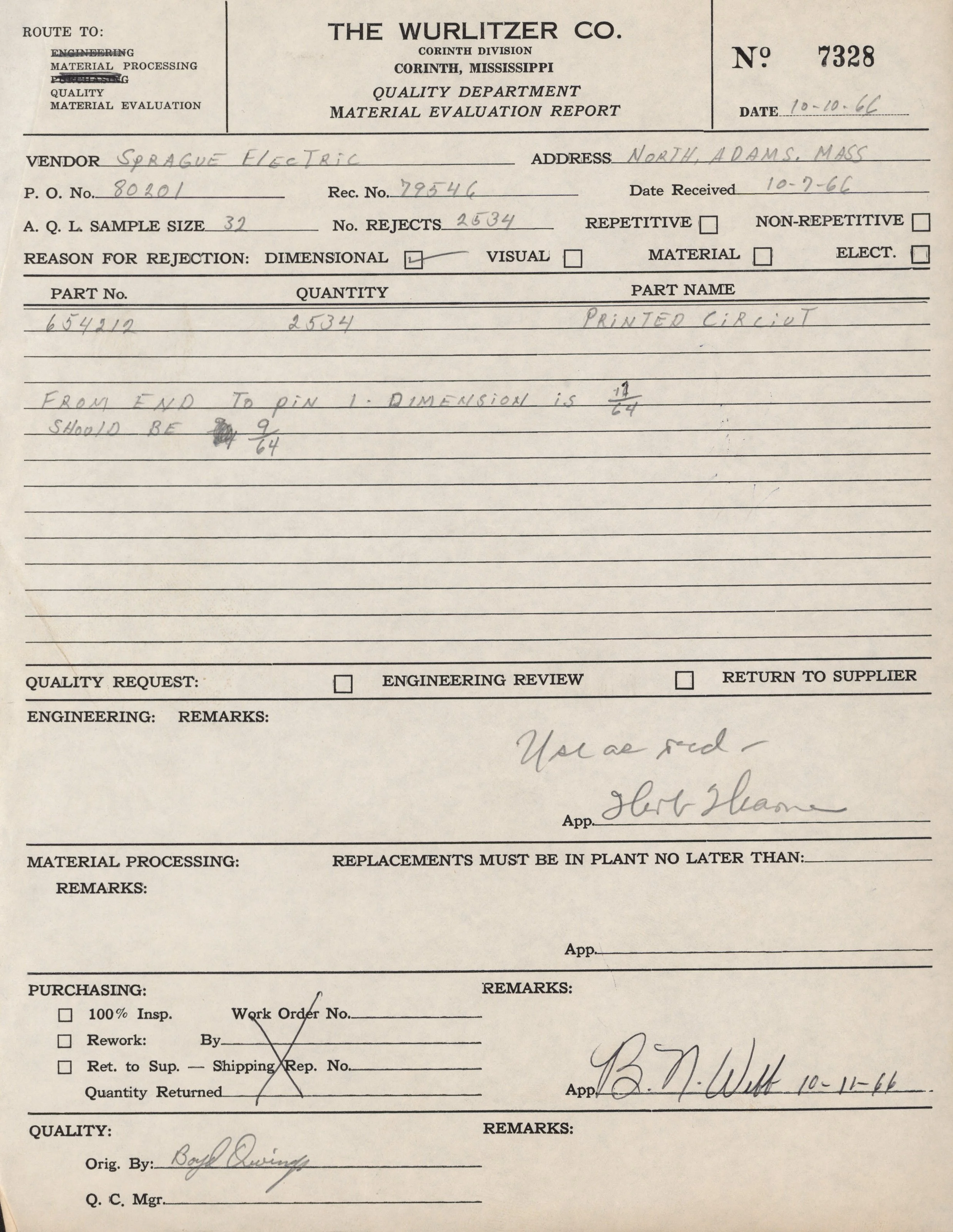 A typewritten form titled 'Material Evaluation Report' from 'The Wurlitzer Co.', Corinth, Mississippi, dated October 10, 1966. Contains entries for vendor 'Sprague Electric', with addresses, part numbers, quantities, and handwritten notes about the s