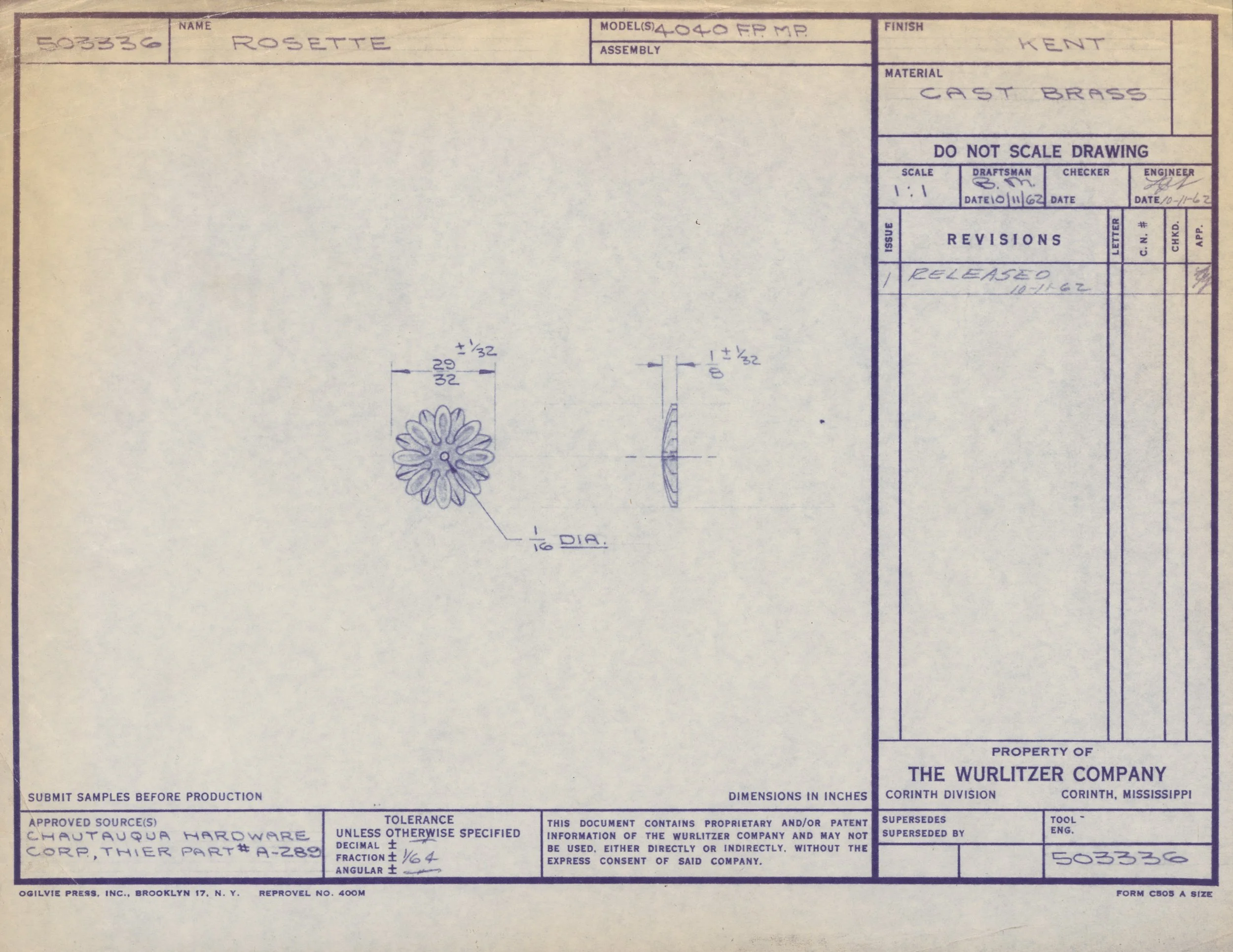 Blueprint drawing of a cast brass decorative flower with detailed measurements and annotations.