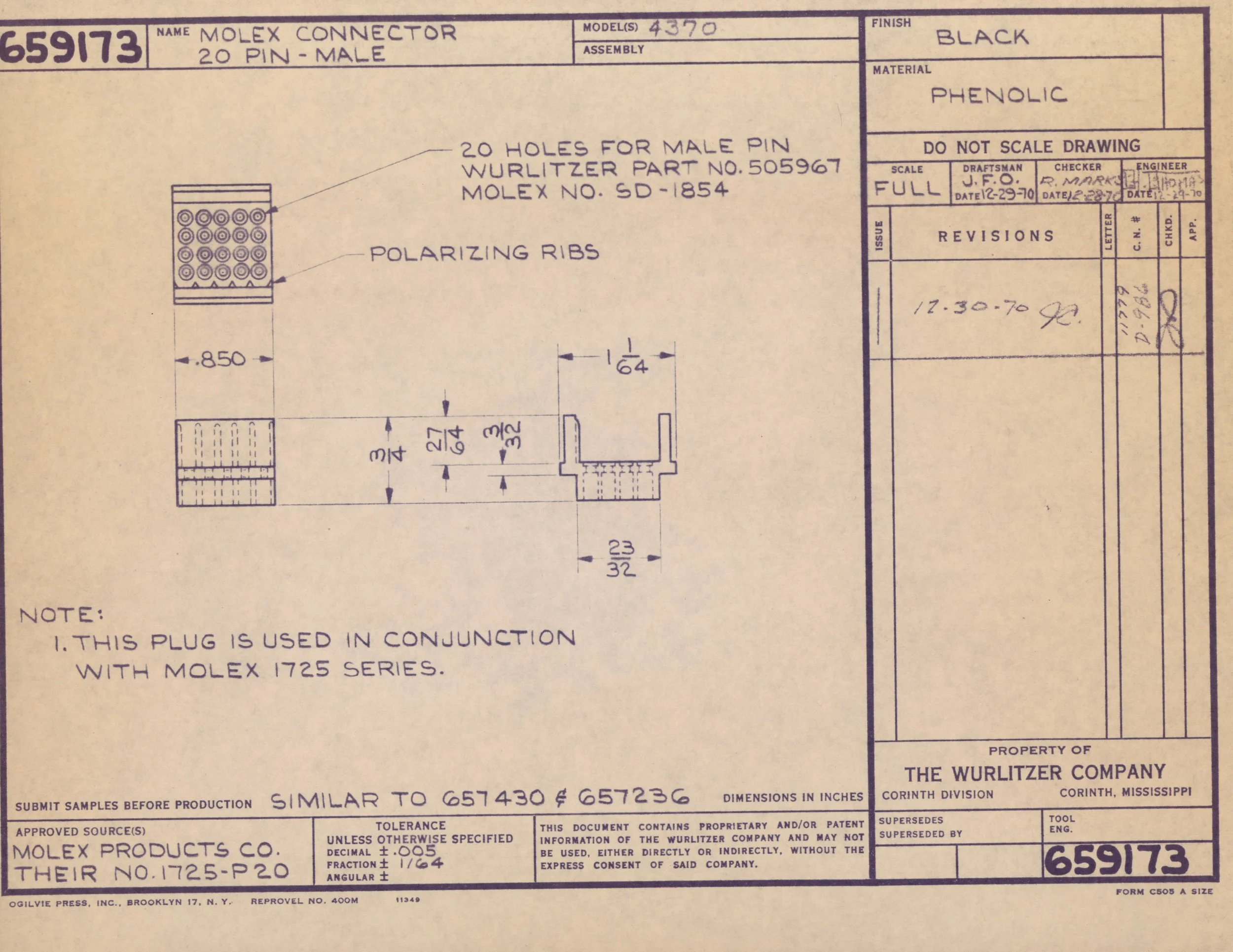Technical drawing of a Molex connector, 20 pin male, black, made of phenolic material, showing details of polarizing ribs and pin hole arrangement.