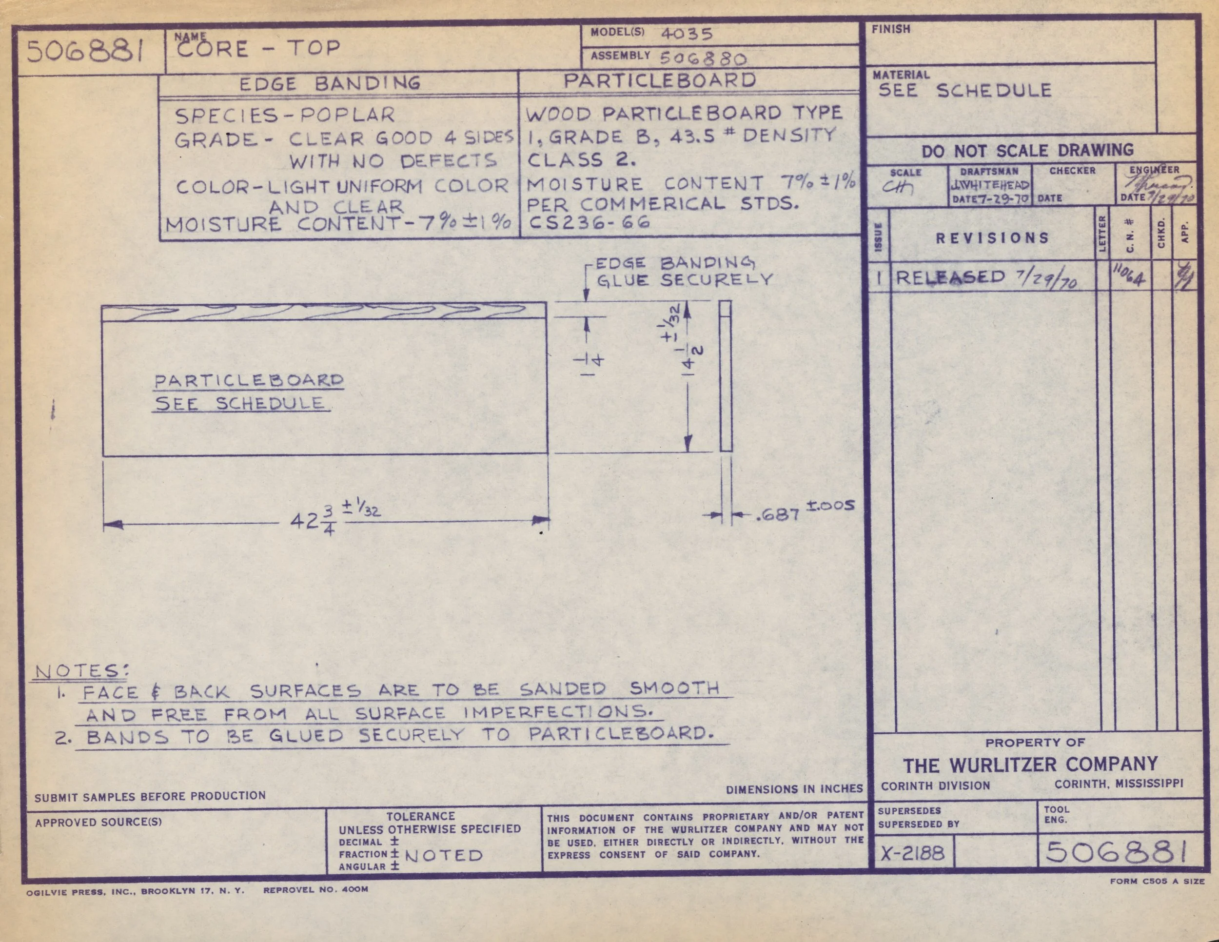 Technical drawing and specifications for a wood particleboard product, including details about core top construction, edge banding, species, grade, moisture content, dimensions, and assembly information.