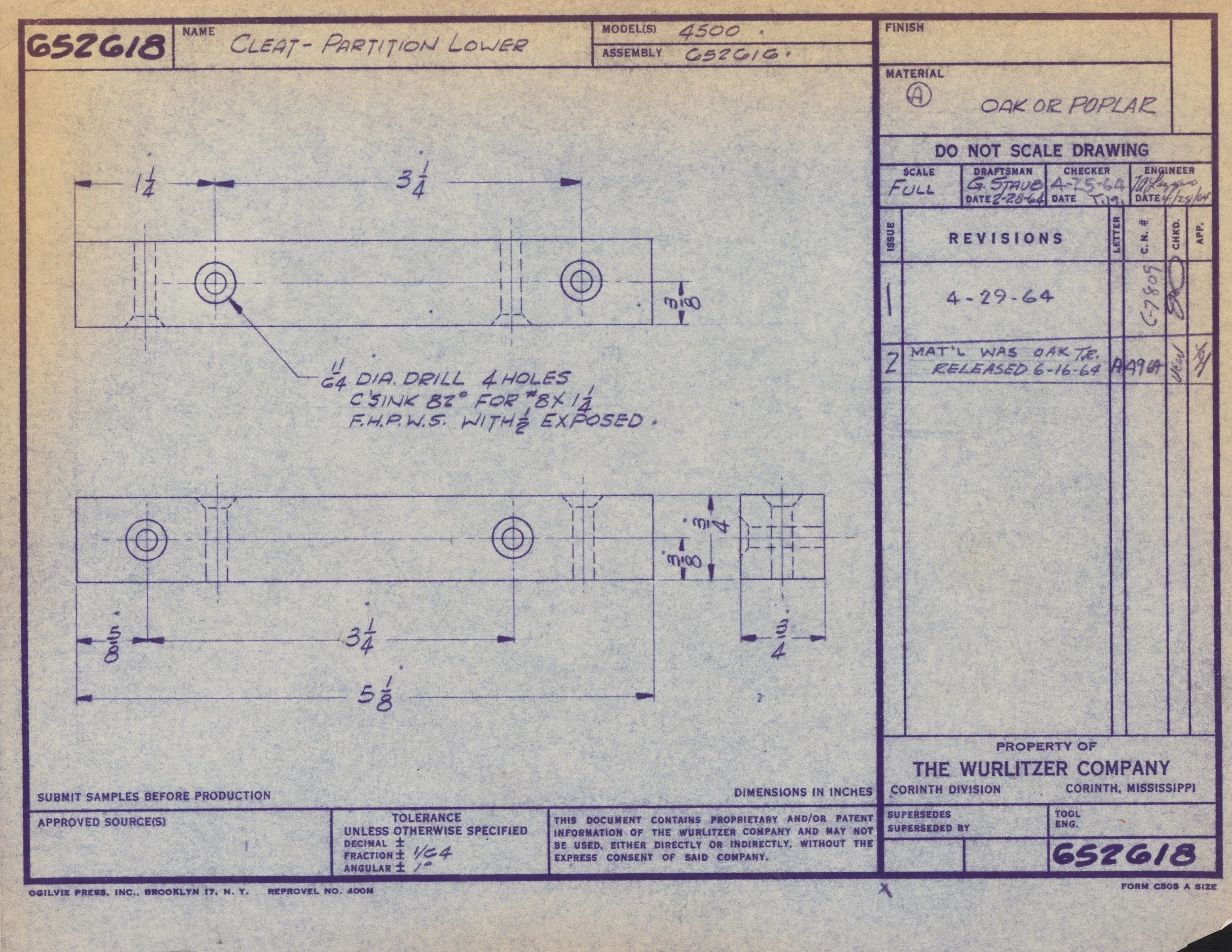 Blueprint drawing of a metal part titled 'Cleat - Partition Lower', including measurements, hole positions, and notes on materials, dimensions, and assembly details.