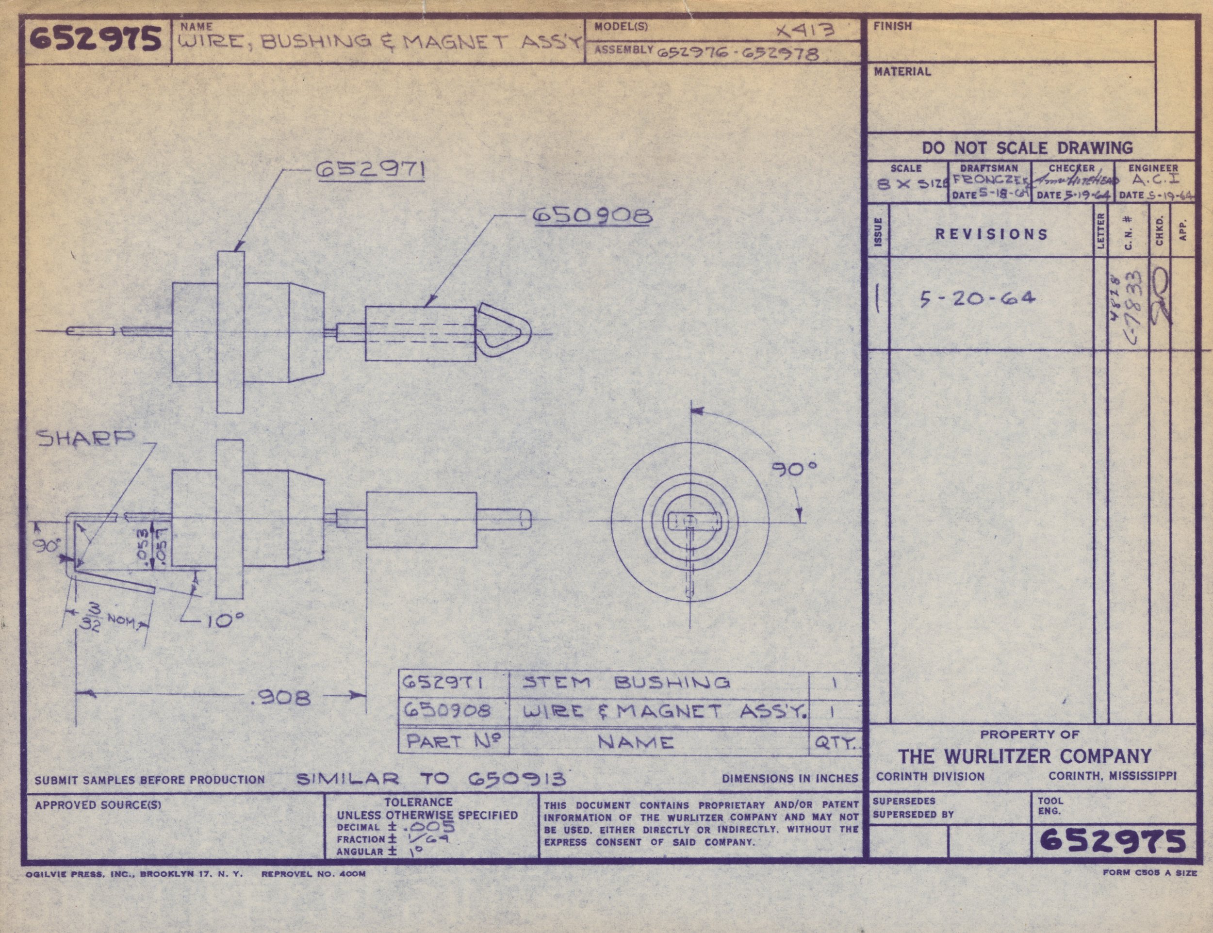 Technical engineering blueprint drawing showing wire, bushing, and magnet assembly with detailed measurements, angles, and annotations.