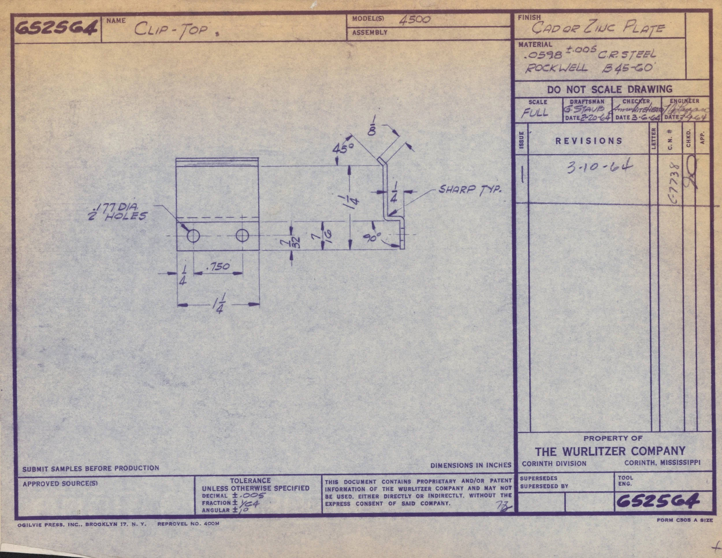 Blueprint drawing for a clip-top cadmium plate, with dimensions and technical specifications, created by The Wurlitzer Company, Corinth, Mississippi.