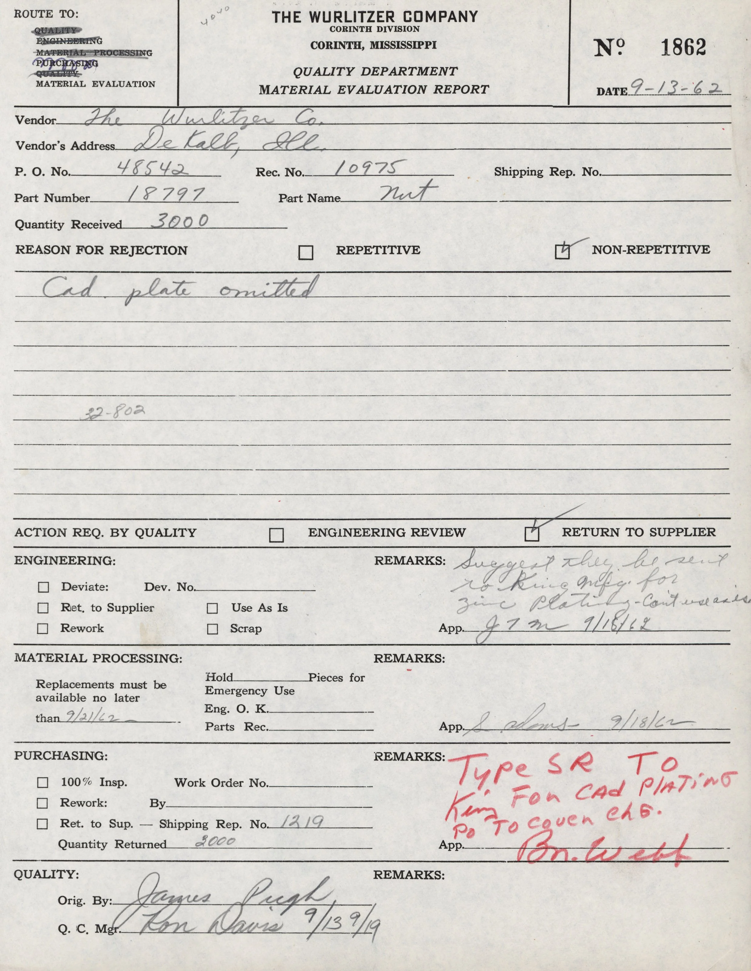 A historical document titled 'Material Evaluation Report' from The Wurlitzer Company, dated September 13, 1962. It contains handwritten details about parts received, rejection reasons, and remarks, including rejection due to a missing cad plate and i