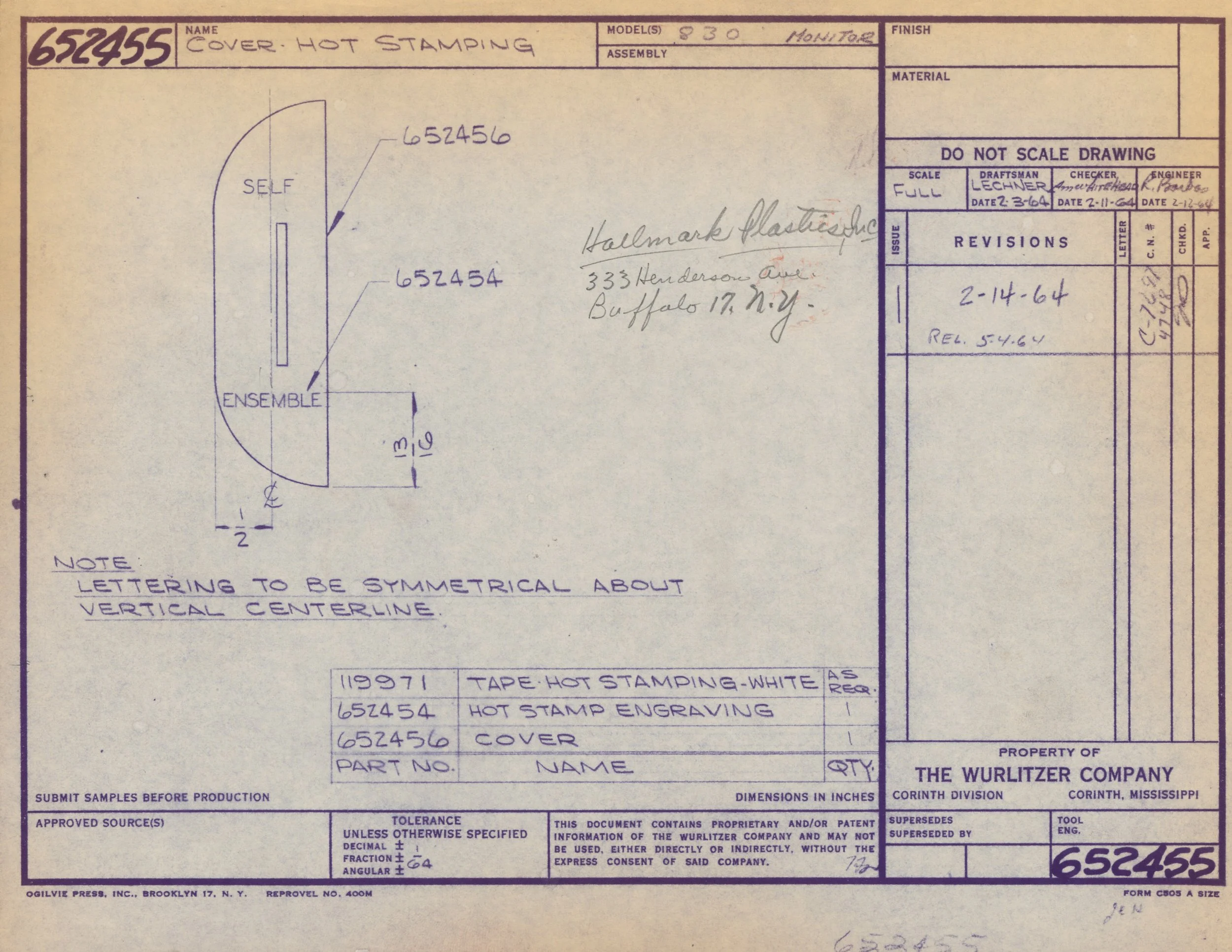 A vintage blueprint for a hot stamping cover, showing technical drawings, measurements, and handwritten notes related to the manufacturing process.