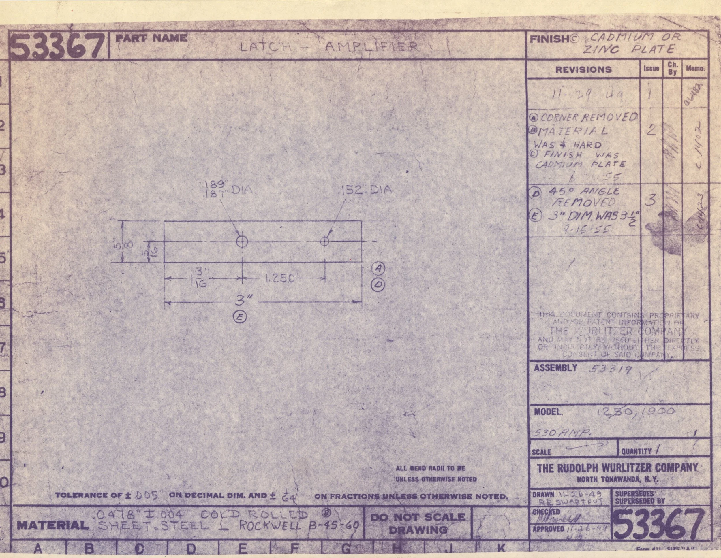Blueprint for a latch amplifier with handwritten notes, measurements, and technical specifications, created by The Rudolph Wurtizer Company.
