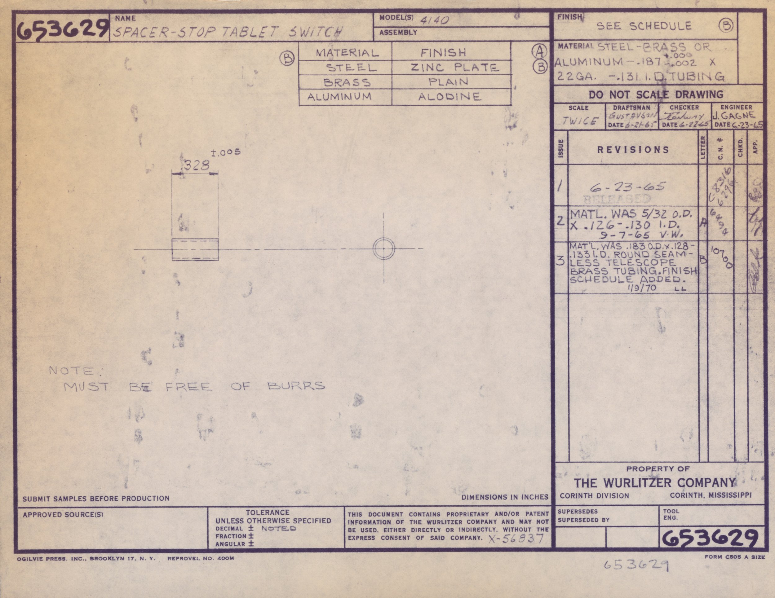 Technical blueprint or engineering drawing for a spacer-stop tablet switch, showing specifications for materials and dimensions, with handwritten notes and stamps.
