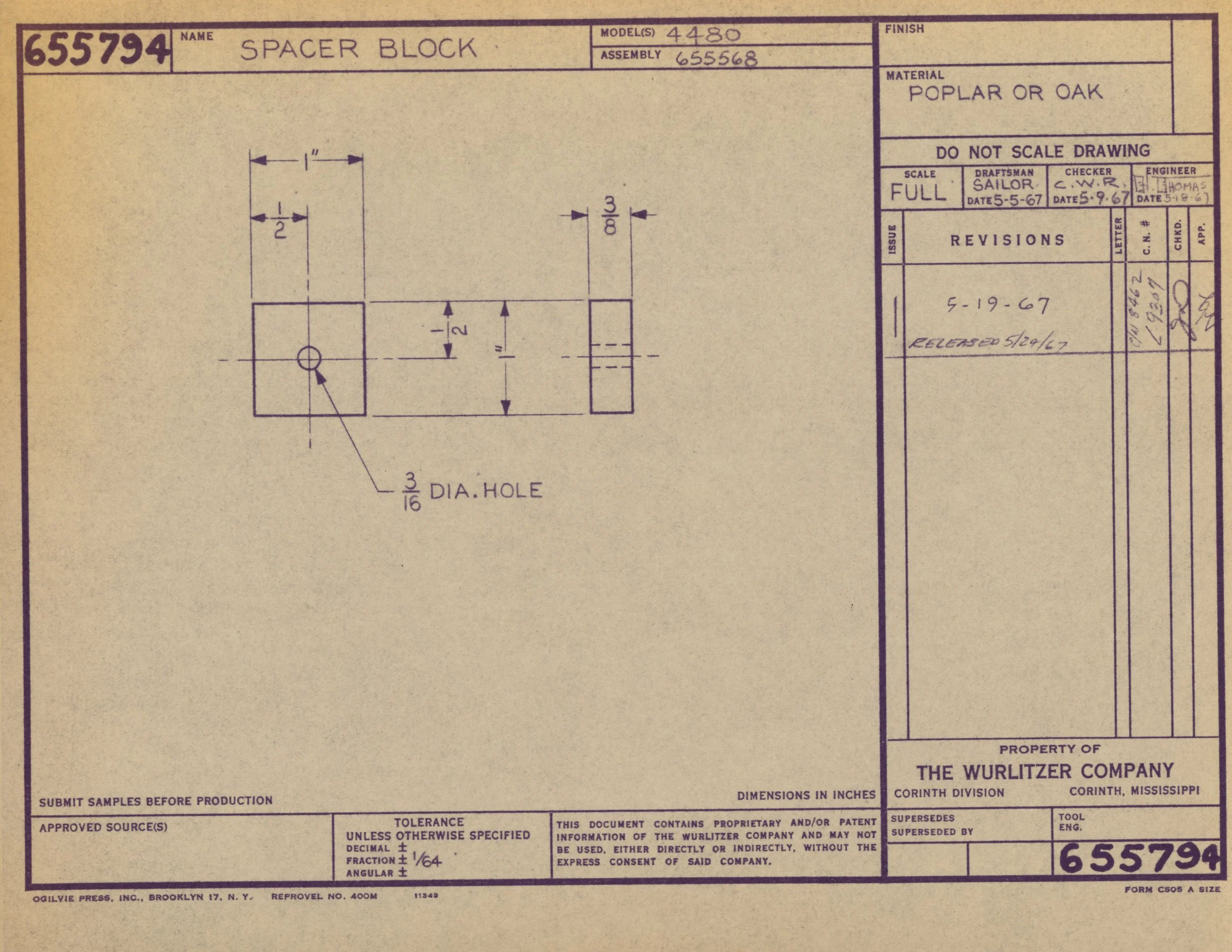 Blueprint for a spacer block made of poplar or oak, showing dimensions and technical details, created by The Wurlitzer Company in Corinth, Mississippi.