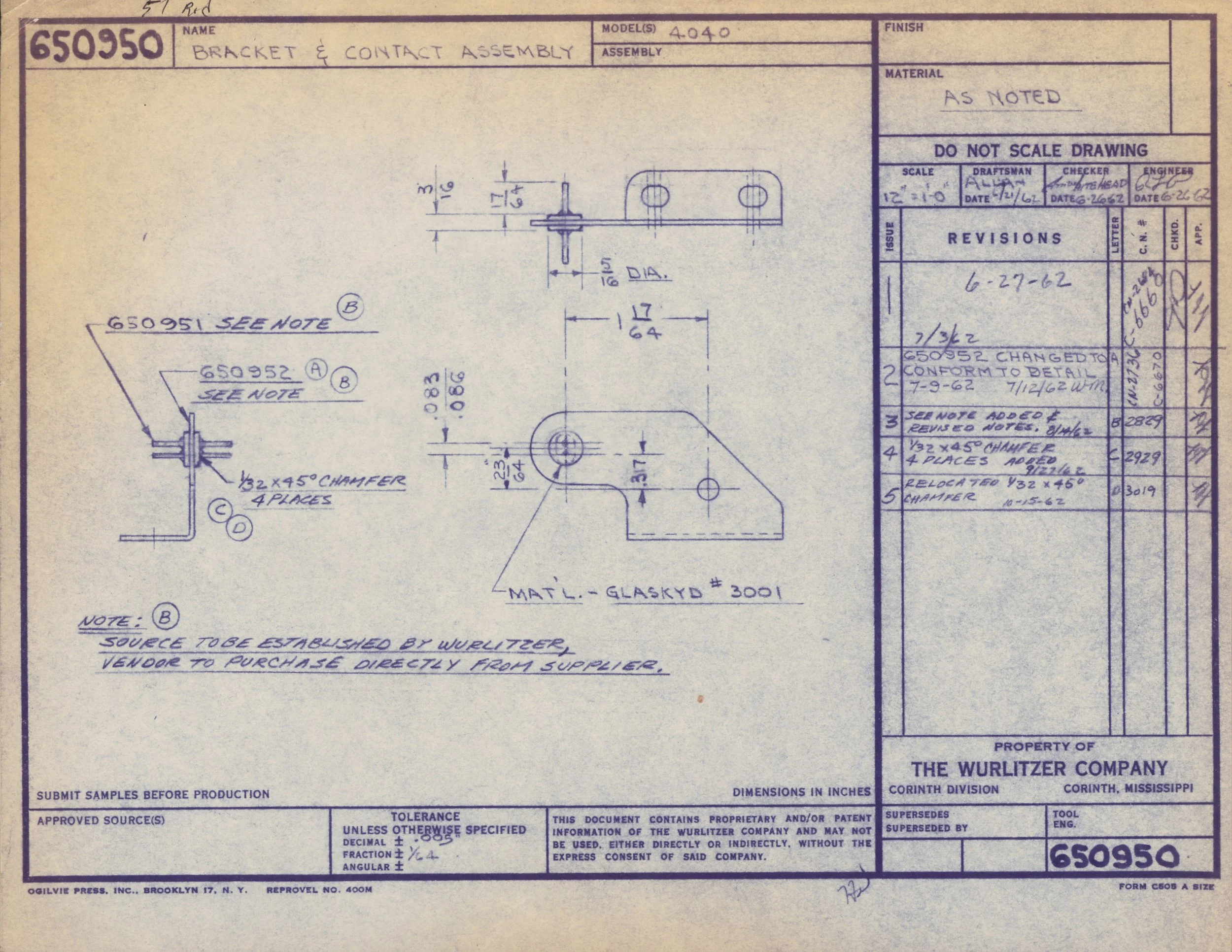 Technical engineering drawing with measurements and notes for a bracket and contact assembly, created by The Wurlitzer Company, dated 1962, with revision notes, dimensions, and approval signatures.