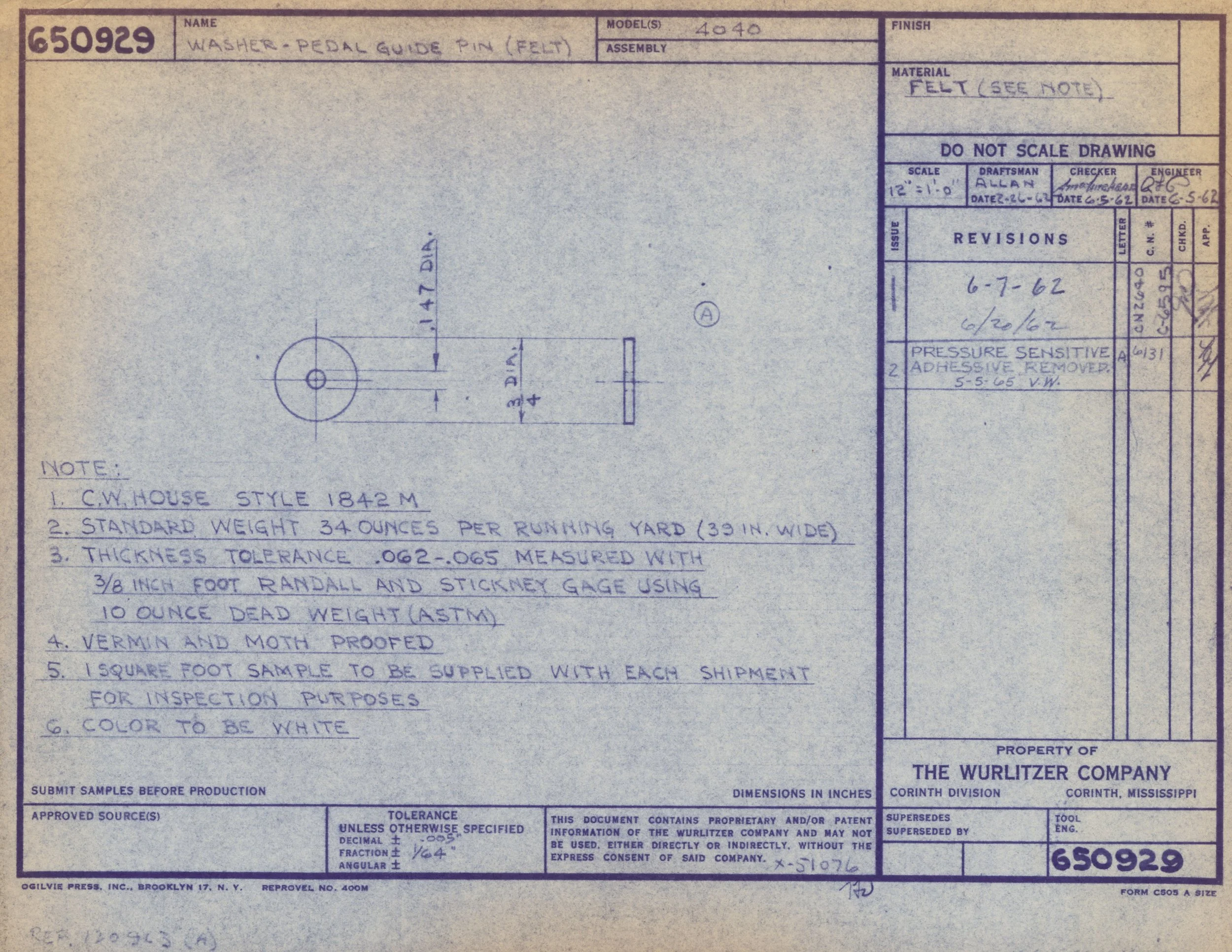 Technical drawing or blueprint related to a washer pedal guide pin made of felt, with handwritten notes and specifications for manufacturing and inspection.
