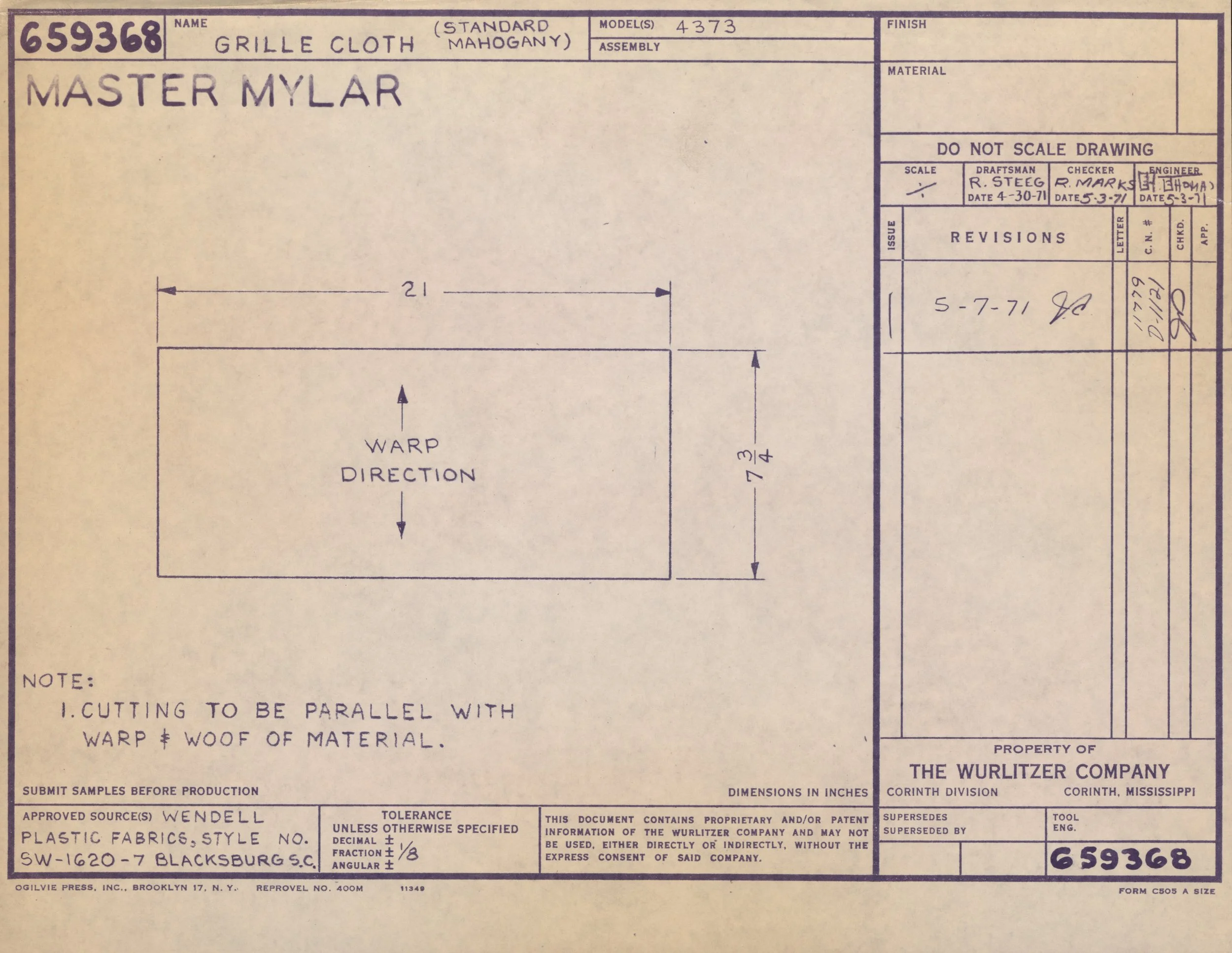 Close-up of a blueprint or technical drawing for a grate cloth, a type of mahogany material, with handwritten notes, dimensions, and approval signatures. The document includes technical specifications, instructions, and company information.
