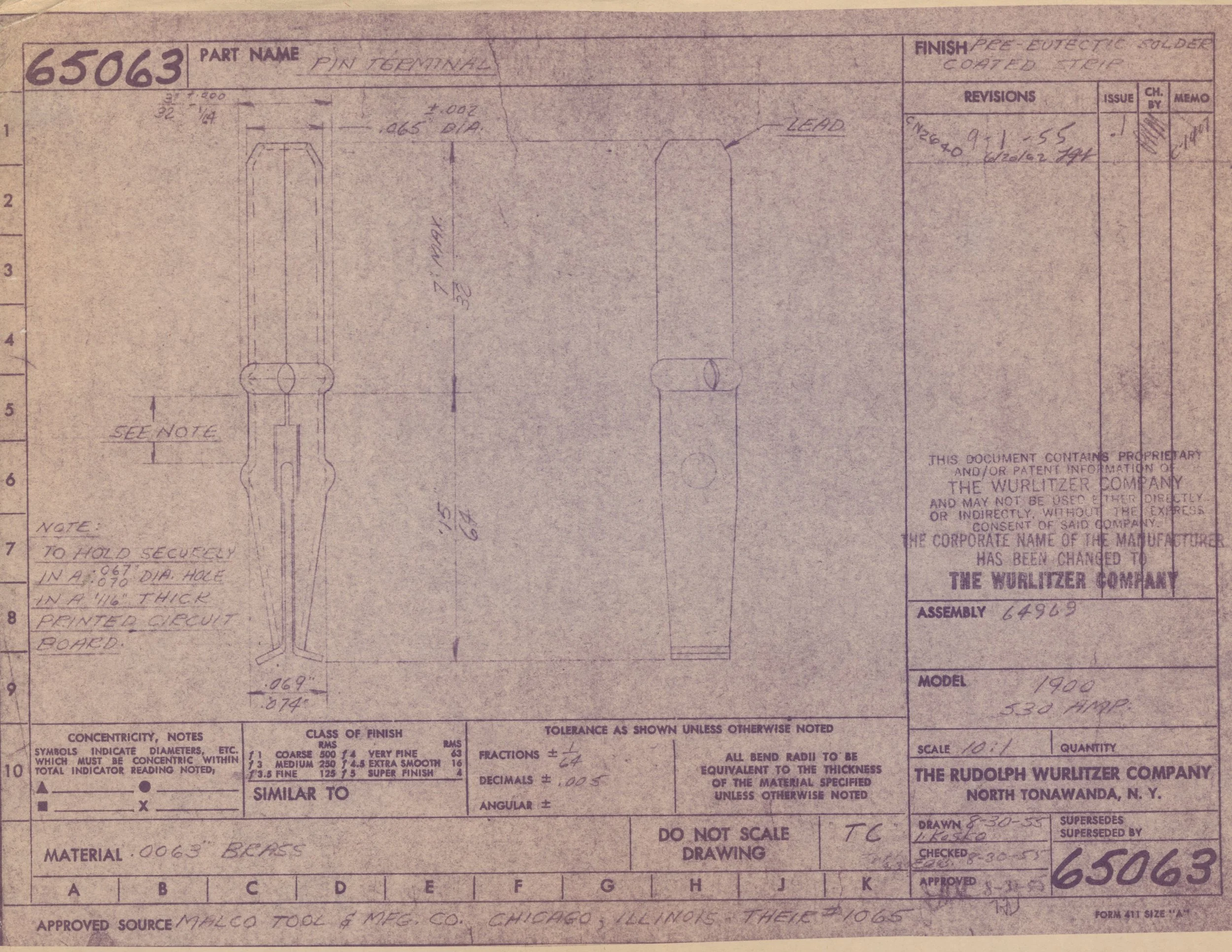 Blueprint drawing of a pin terminal with technical specifications, notes, and measurements.