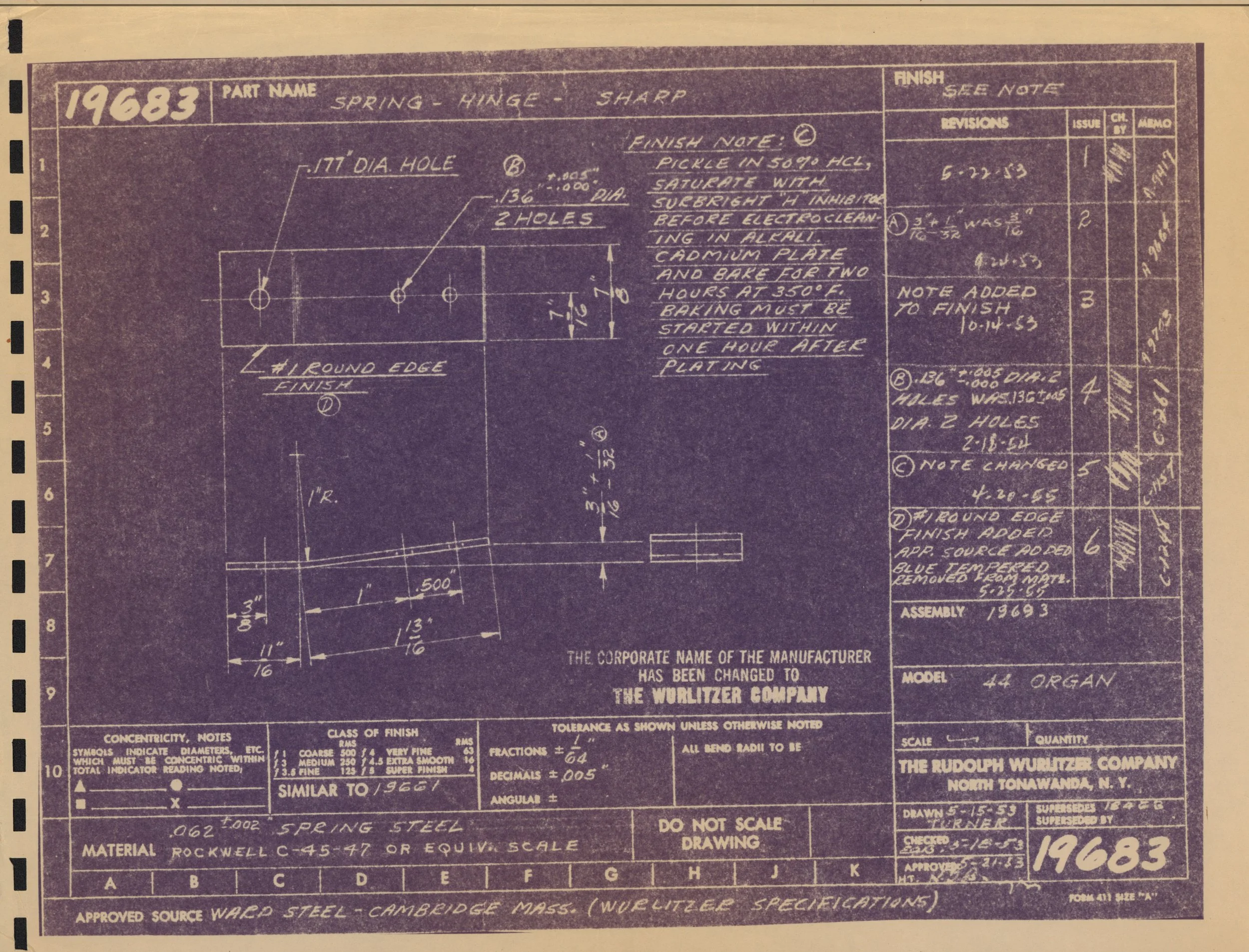 Blueprint drawing of a spring hinge part with diagrams, measurements, and handwritten notes, dated 1968.