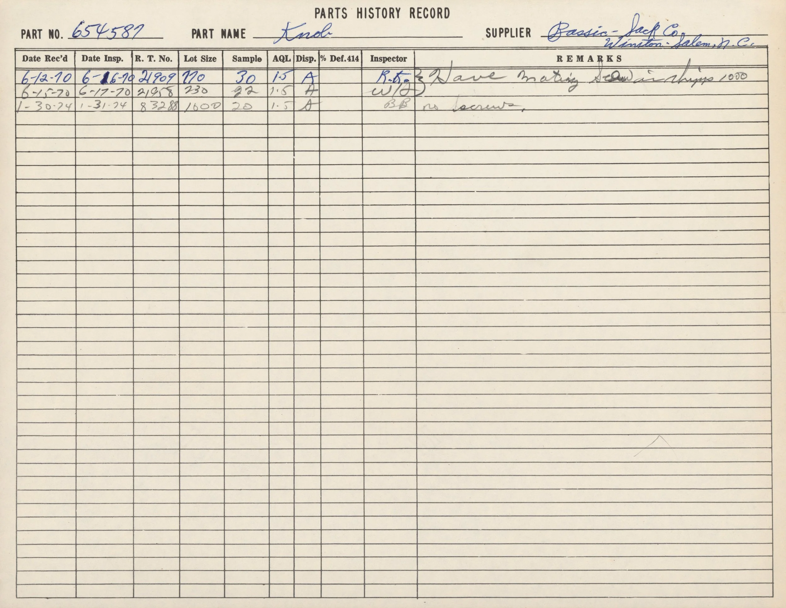 Historical record card for a part named Knob, with handwritten data including dates of inspection and inspection notes, and details about supplier and lot size.