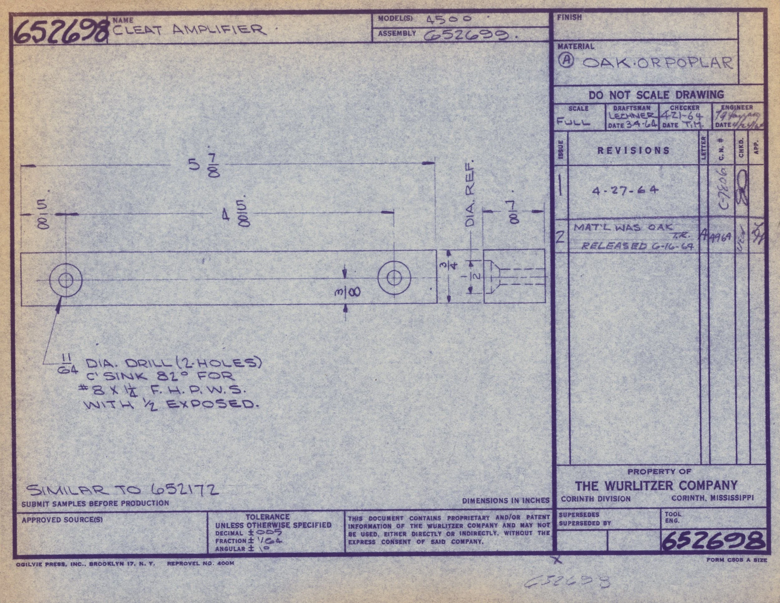Technical drawing or blueprint for a cleat amplifier, including measurements, material specifications, and revision details.