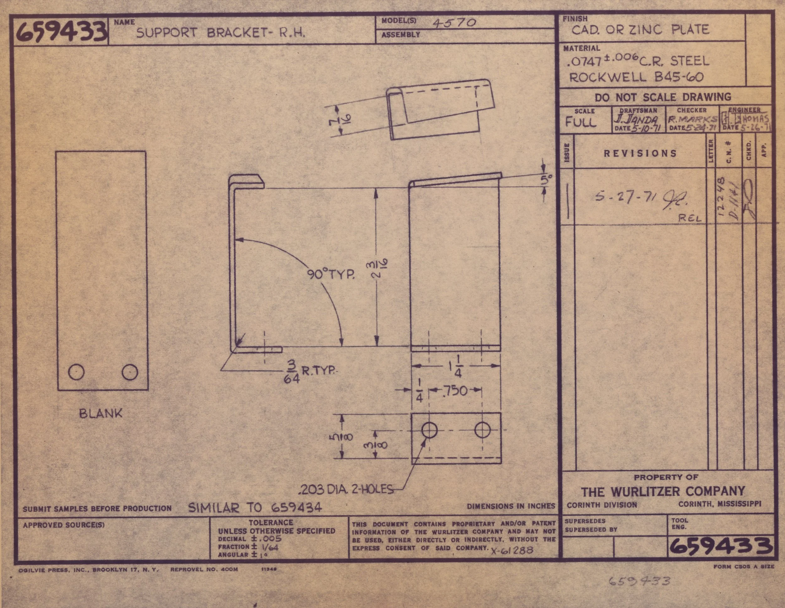Technical blueprint drawing of a support bracket with measurements and specifications, created by The Wurlitzer Company.