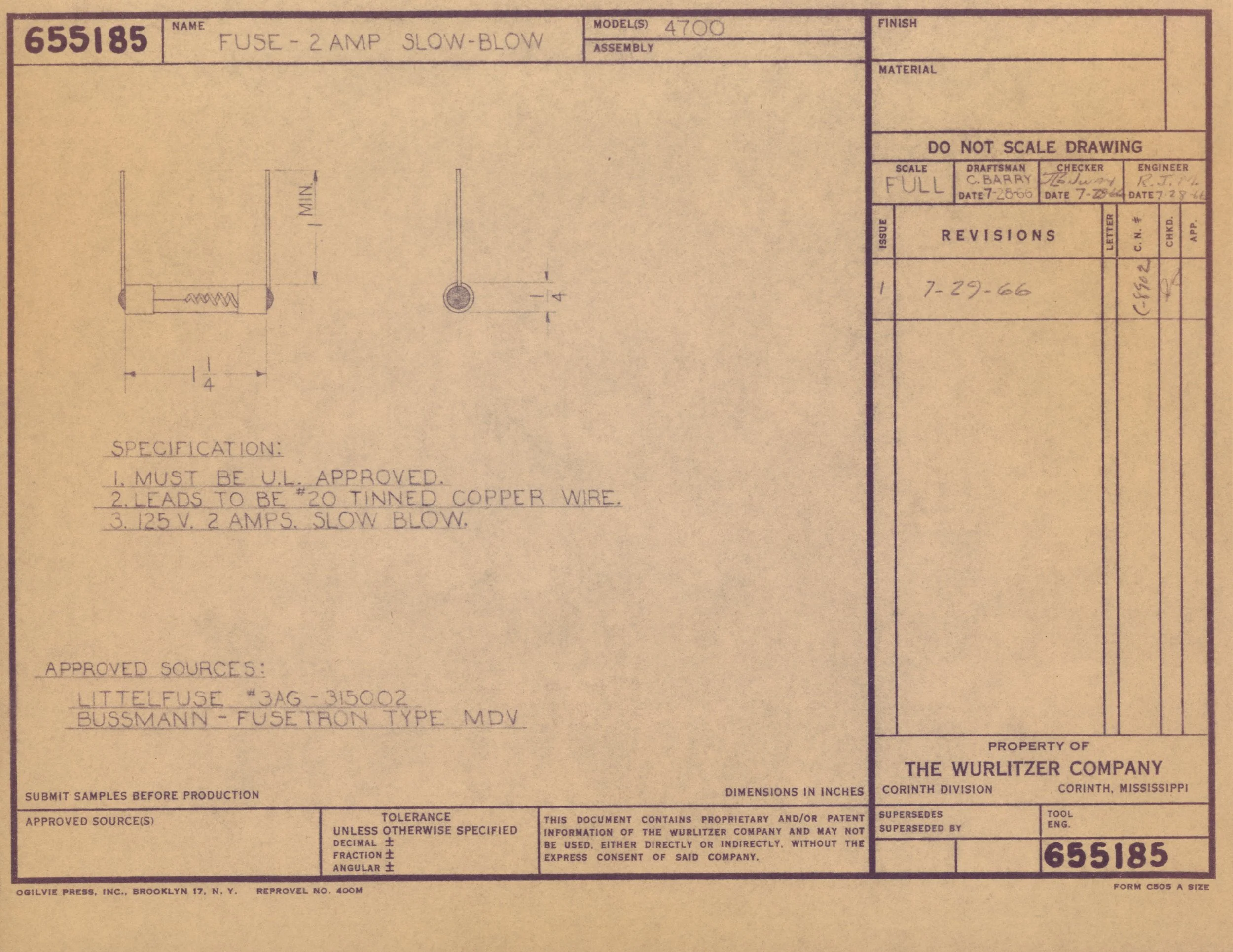 Technical drawing of a fuse, labeled as a 2 Amp slow-blow fuse, featuring schematic symbols, specifications, approval notes, and company information.