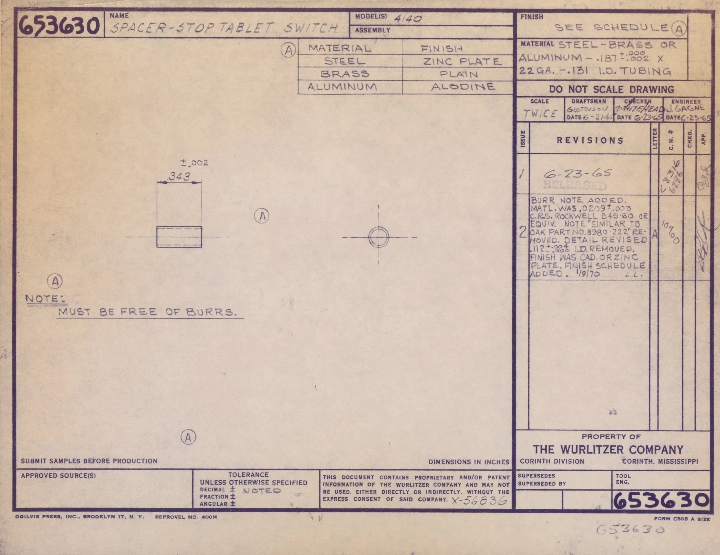 Blueprint or technical drawing of a spacer-stop table switch, showing measurements, material specifications, and revision notes.