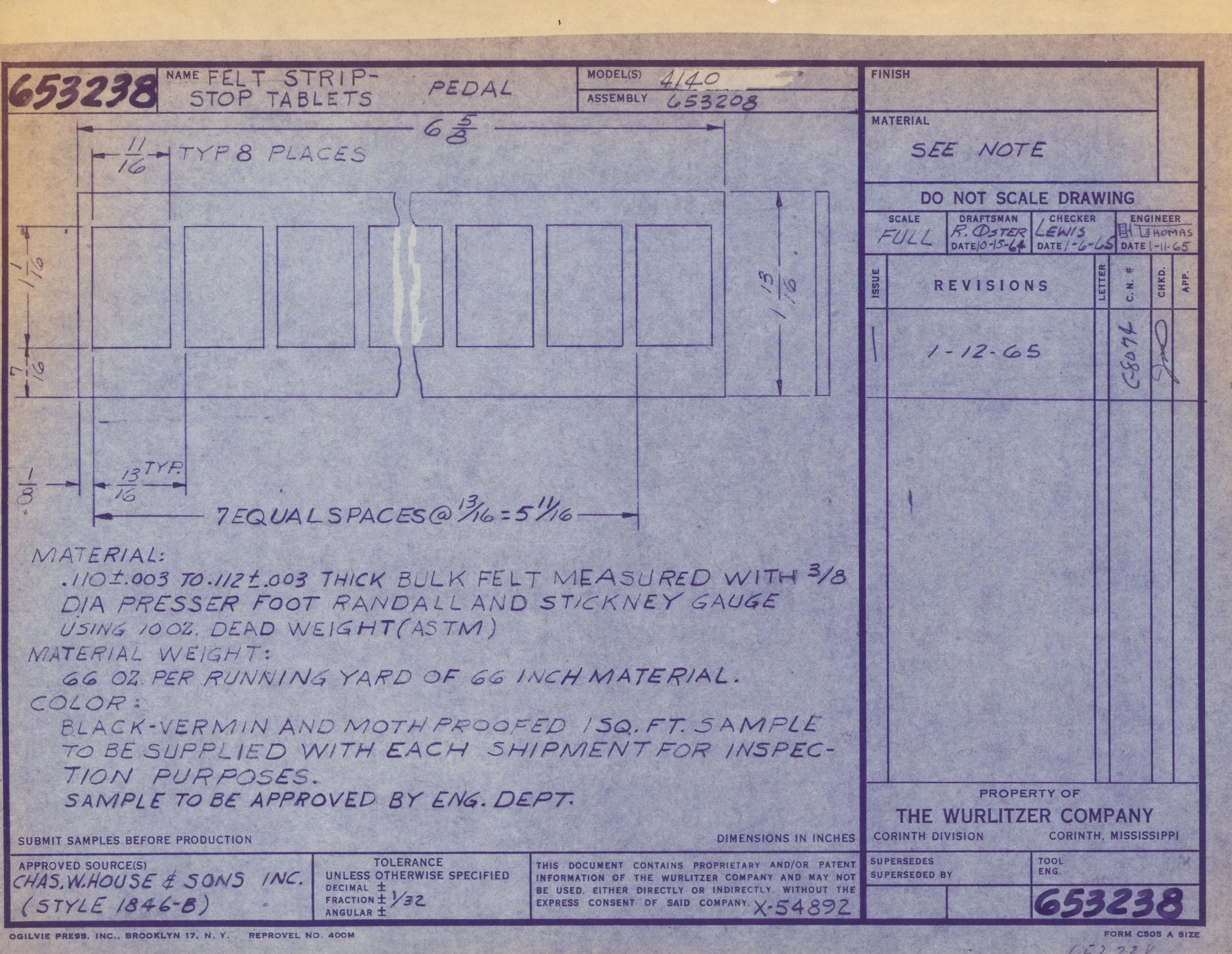 Blueprint drawing of felt strips for stop tablets, with measurements and notes, created by The Wurlitzer Company, dated 1-12-65.