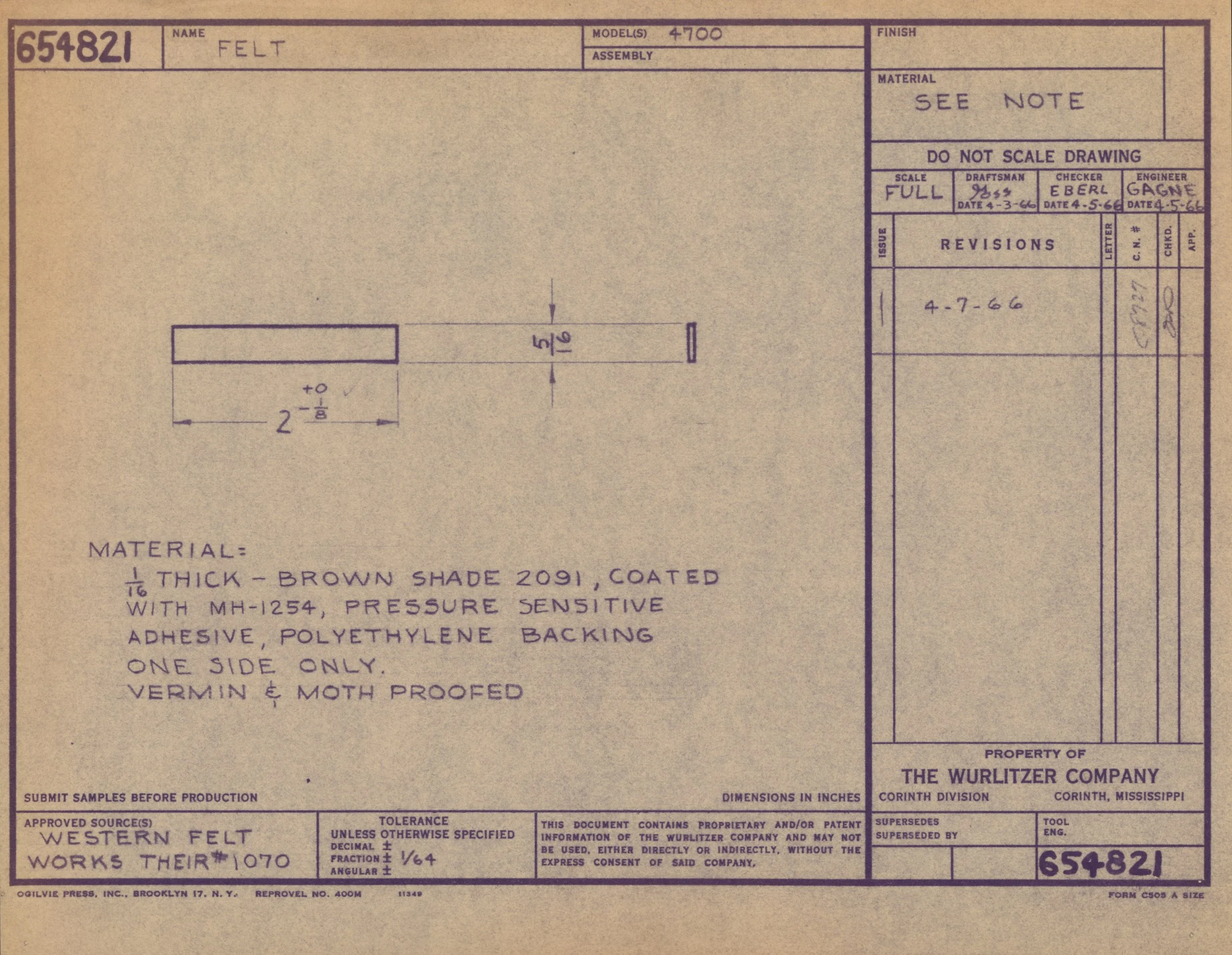 This is a technical drawing or blueprint for a part labeled FELT, model 4700, with detailed specifications, measurements, and notes about materials, revisions, and approval process.