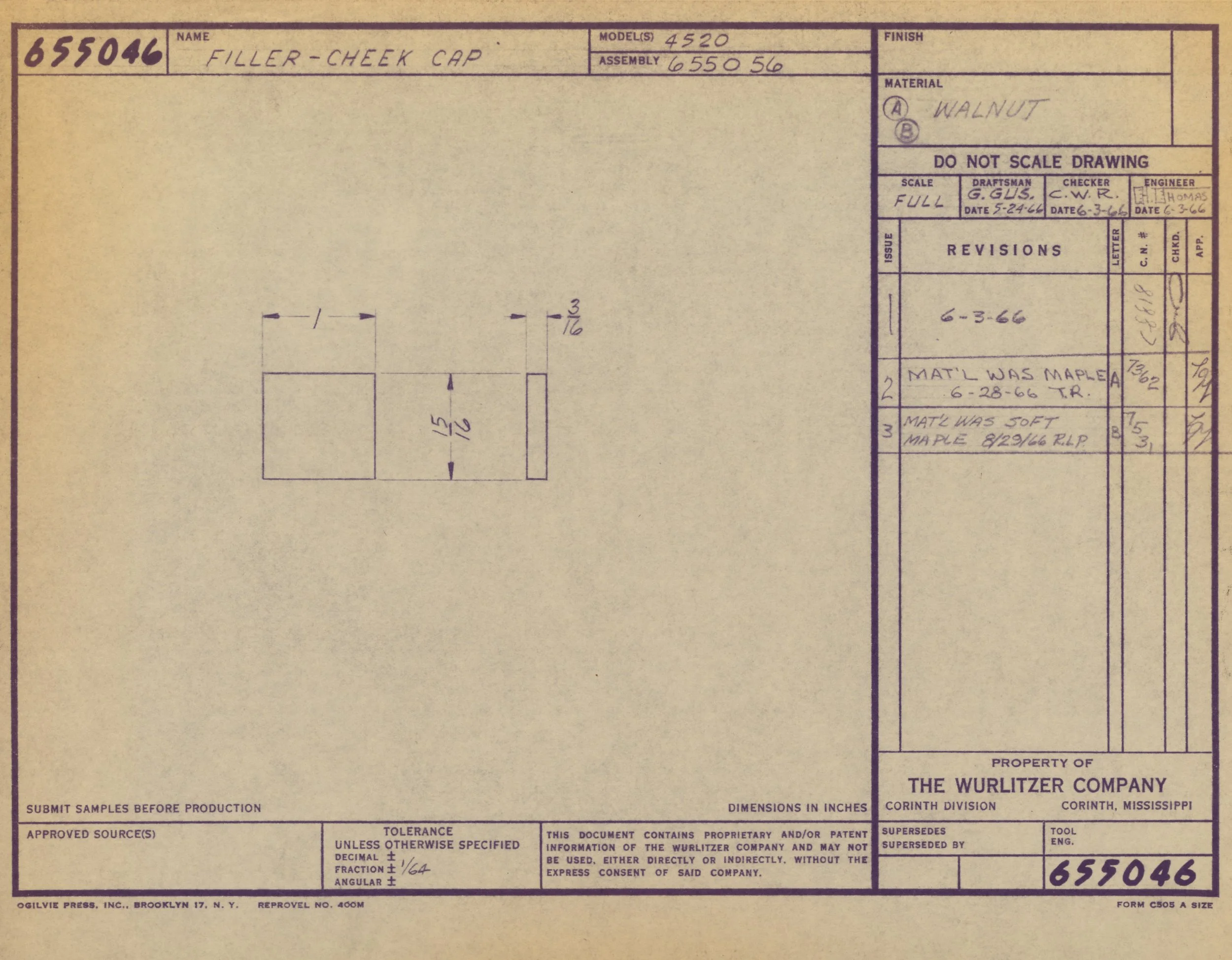 Technical drawing or blueprint for a filler-cheek cap made of walnut wood, with detailed measurements and specifications, produced by the Wurlitzer Company in Corinth, Mississippi.