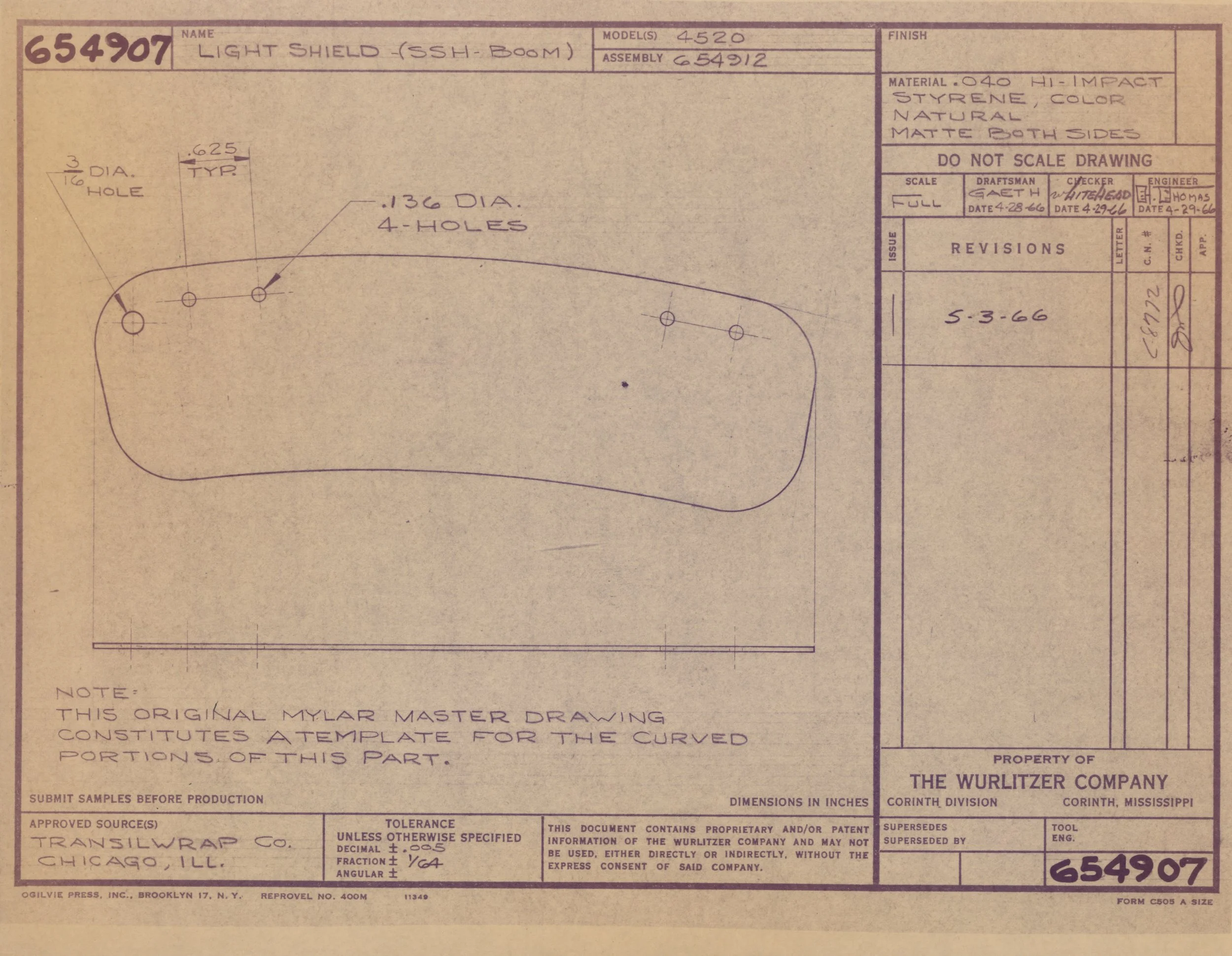 Blueprint of a curved metal light shield, with specifications and notes handwritten on it, including details about holes and material.