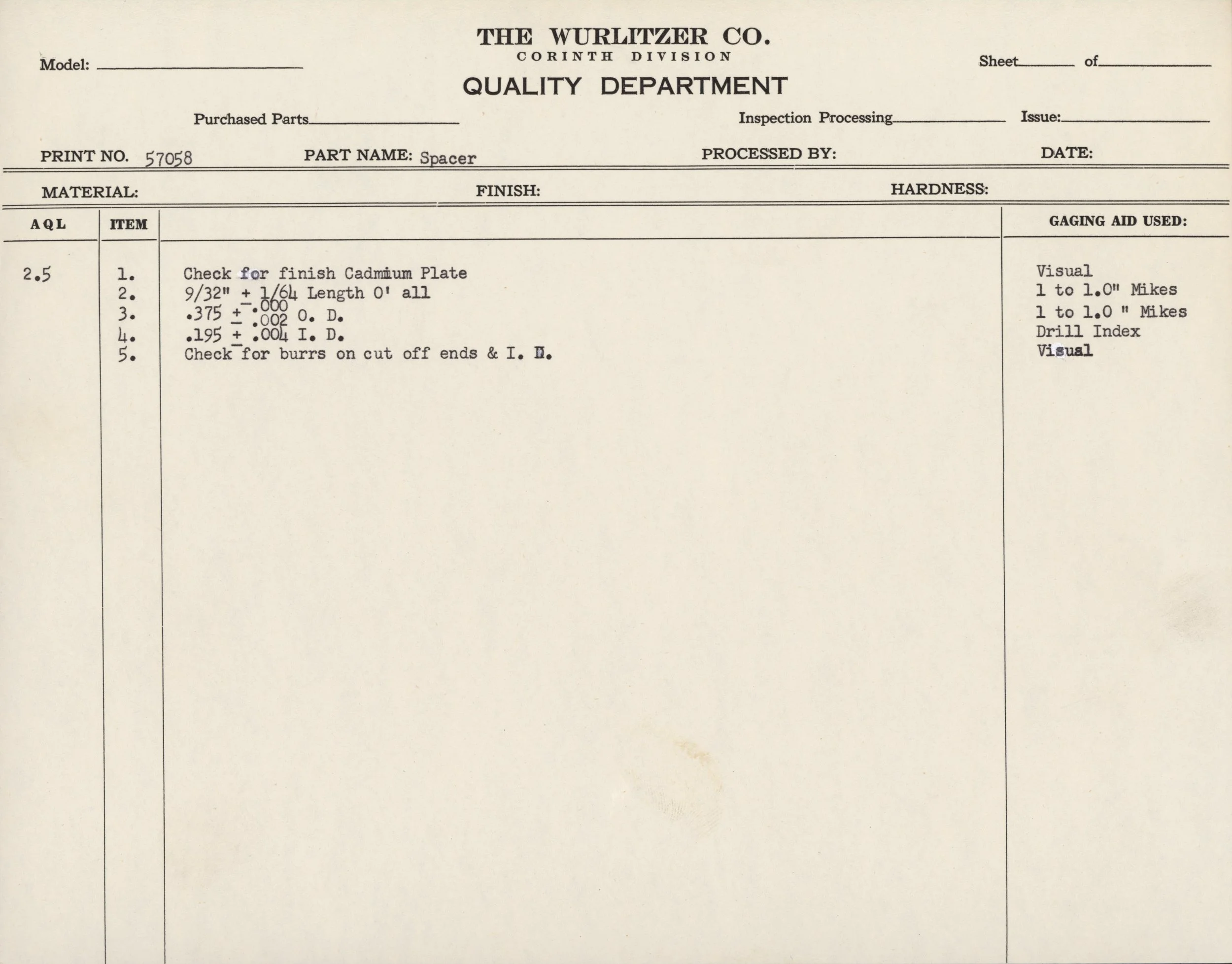 A vintage technical document or inspection sheet from The Wurlitzer Company, Corinth Division, detailing specifications for a spacer part, including measurements and inspection notes.