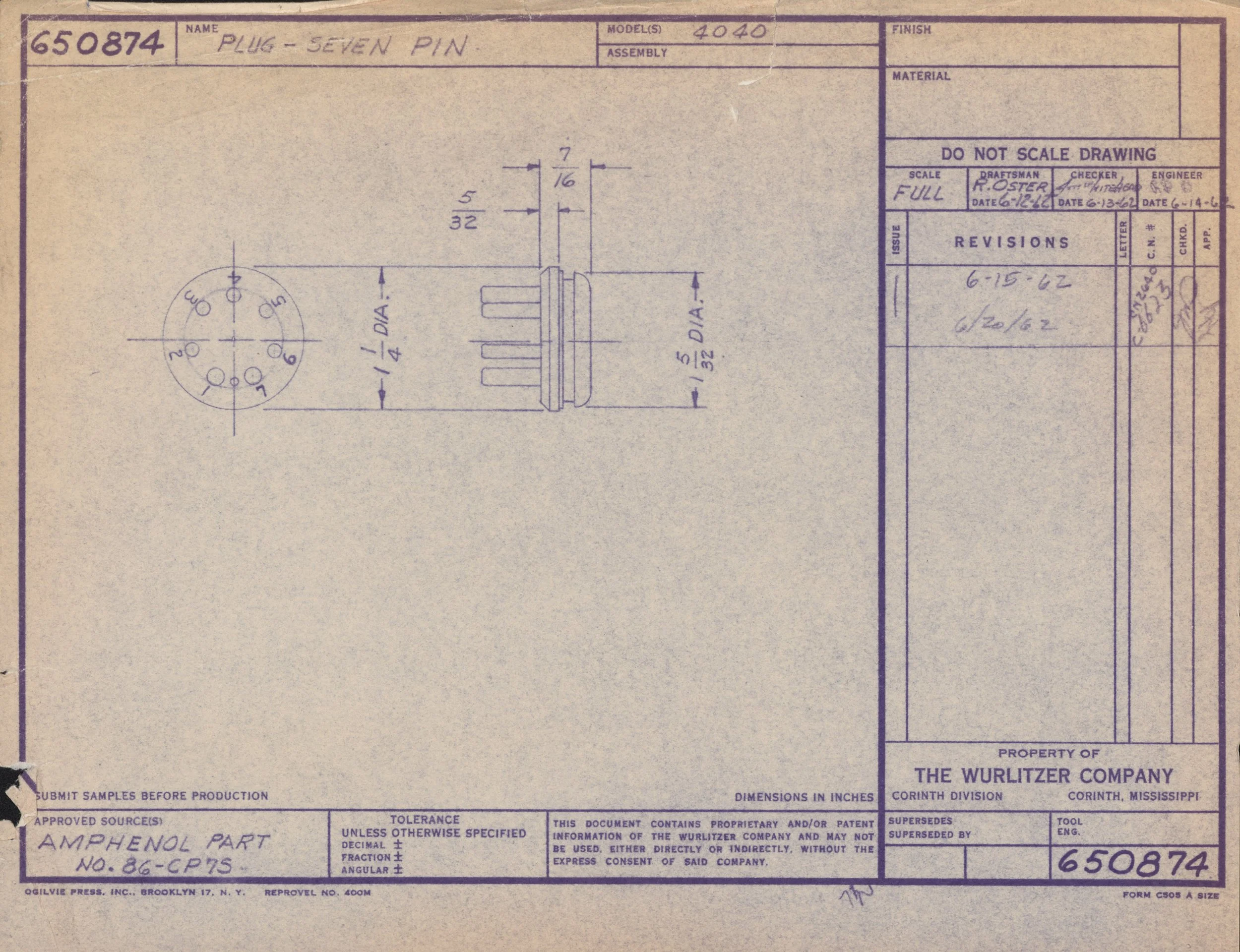 Technical drawing of an industrial plug with seven pins, dimensions and annotations, created by The Wurlitzer Company in Corinth, Mississippi.