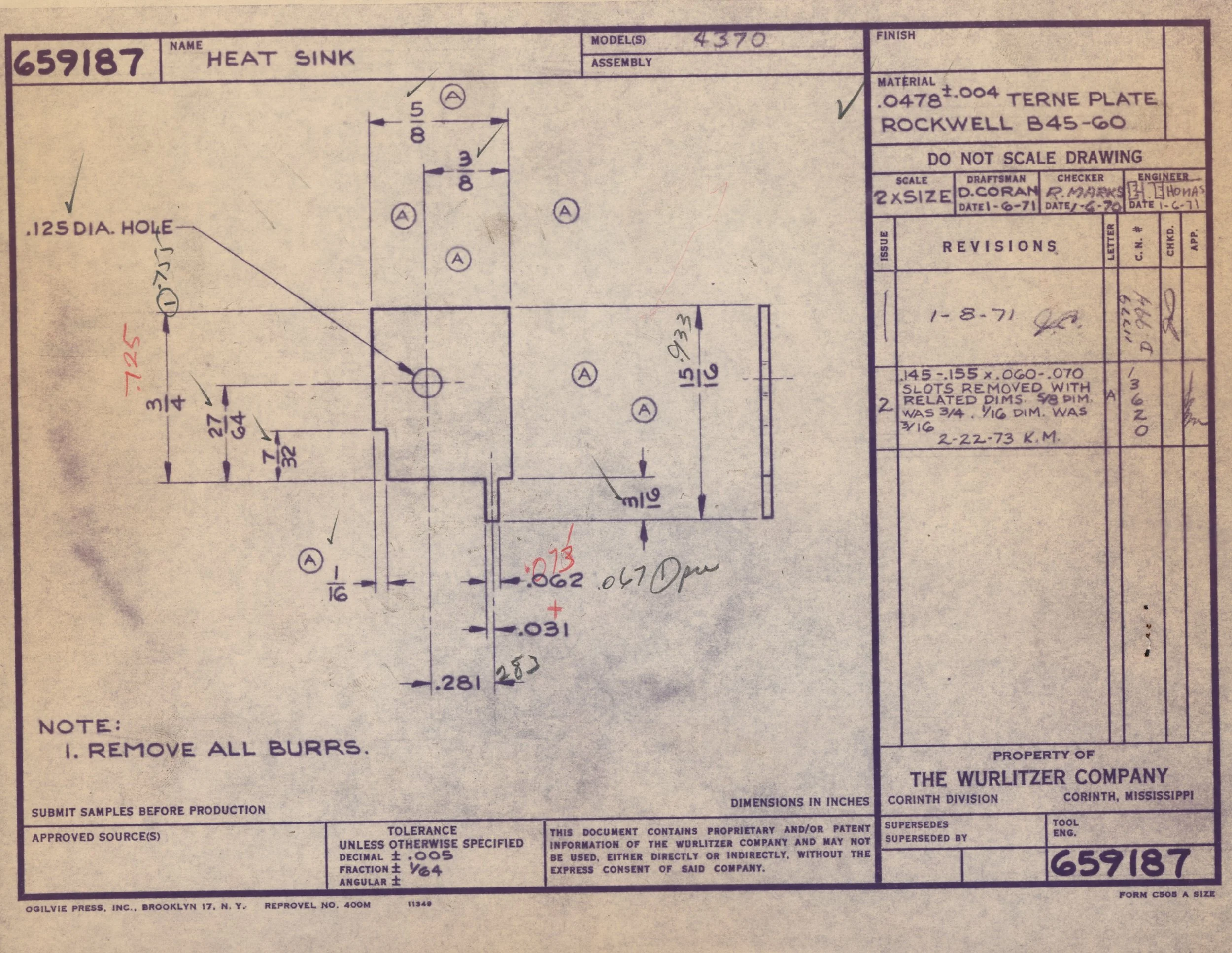 Technical blueprint drawing of a heat sink with measurements and annotations, including a 0.125 inch diameter hole, labeled components, and material specifications.