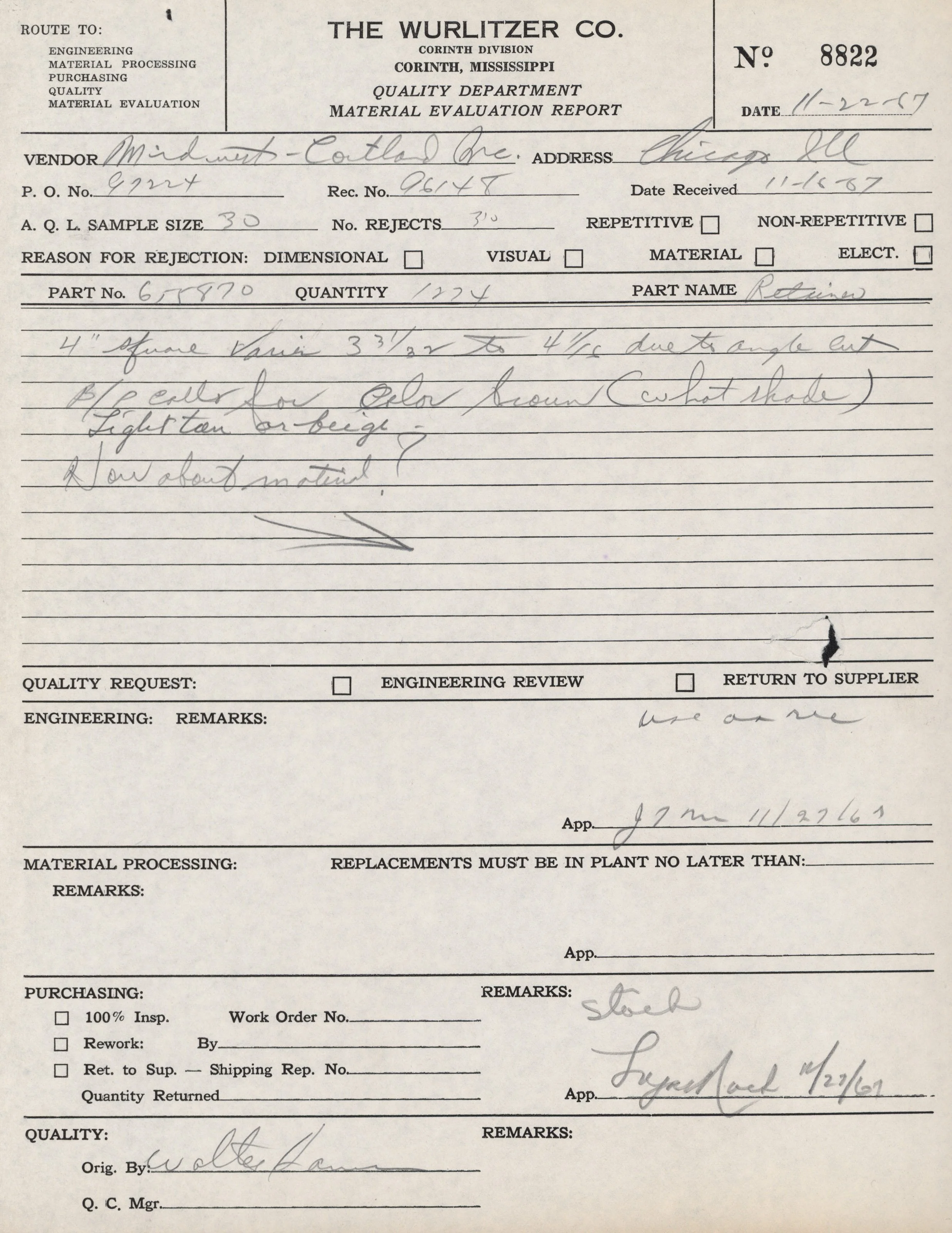 A scanned handwritten document titled 'Material Evaluation Report' from The Wurlitzer Co., Corinth Division, Mississippi, dated November 2, 1967. The report includes details about a material sample, rejection reasons, and processing remarks.