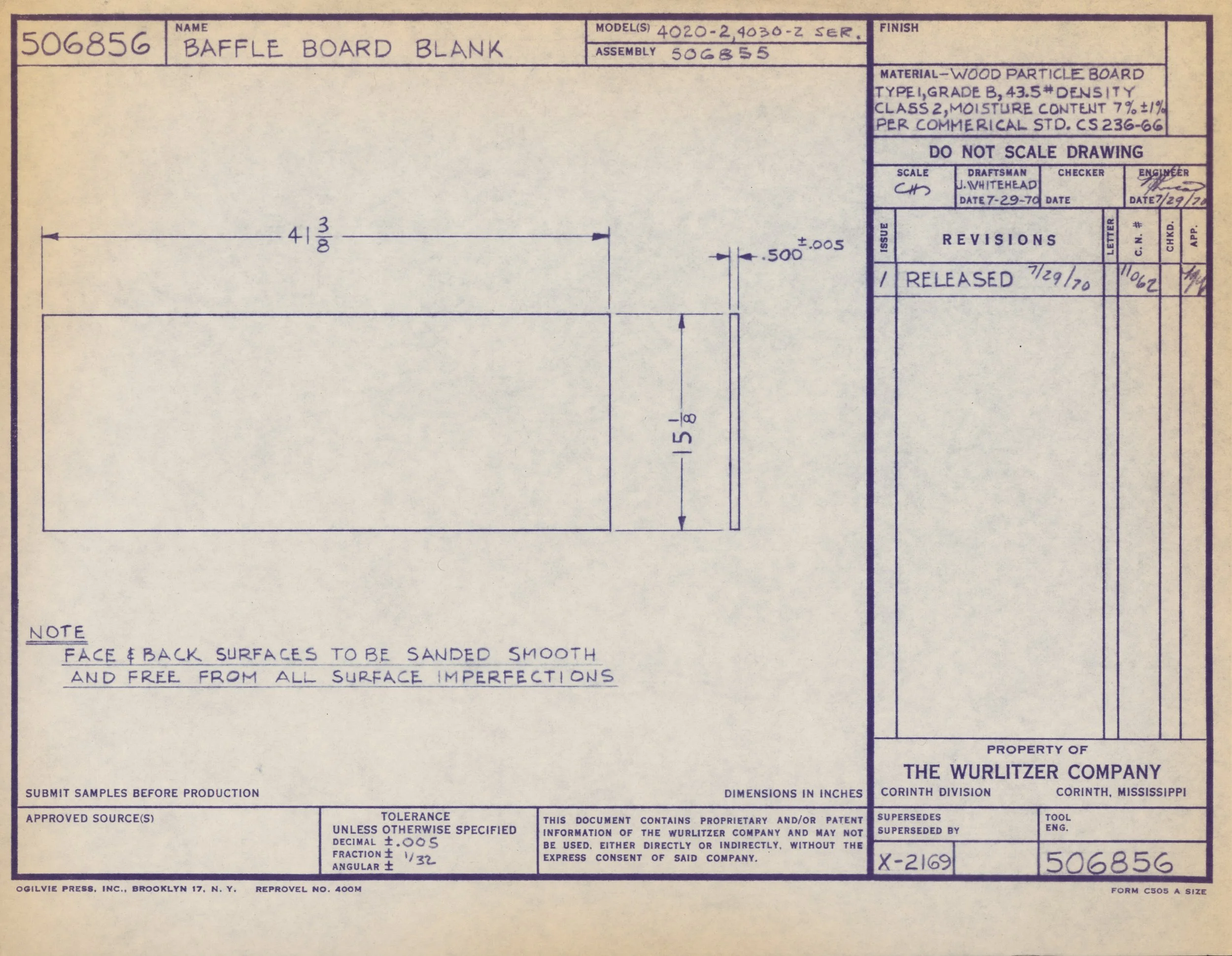 Technical drawing blueprint of a blank wood particle board baffle, with dimensions and specifications.