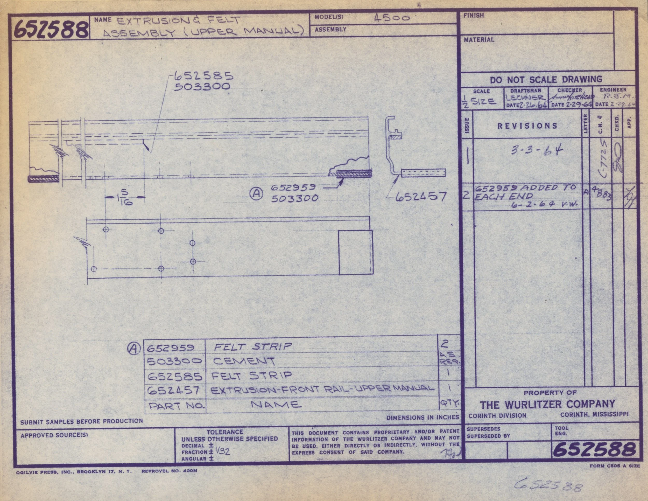 Technical drawing or blueprint of extrusion and felt assembly, showing detailed measurements, parts, and annotations related to factory manufacturing processes.