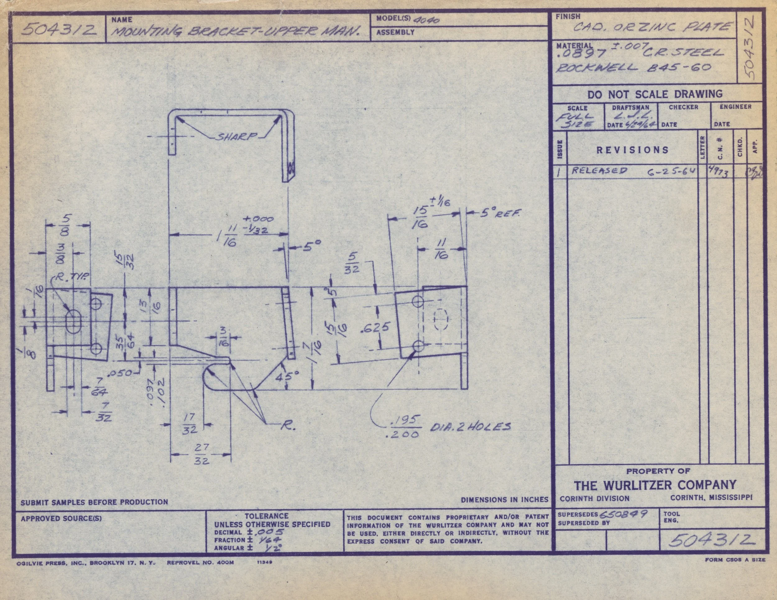 Detailed technical blueprint or engineering drawing of a mounting bracket for a main upper part, showing measurements, annotations, and specifications, with handwritten notes on material and finish, from the Wurlitzer Company.