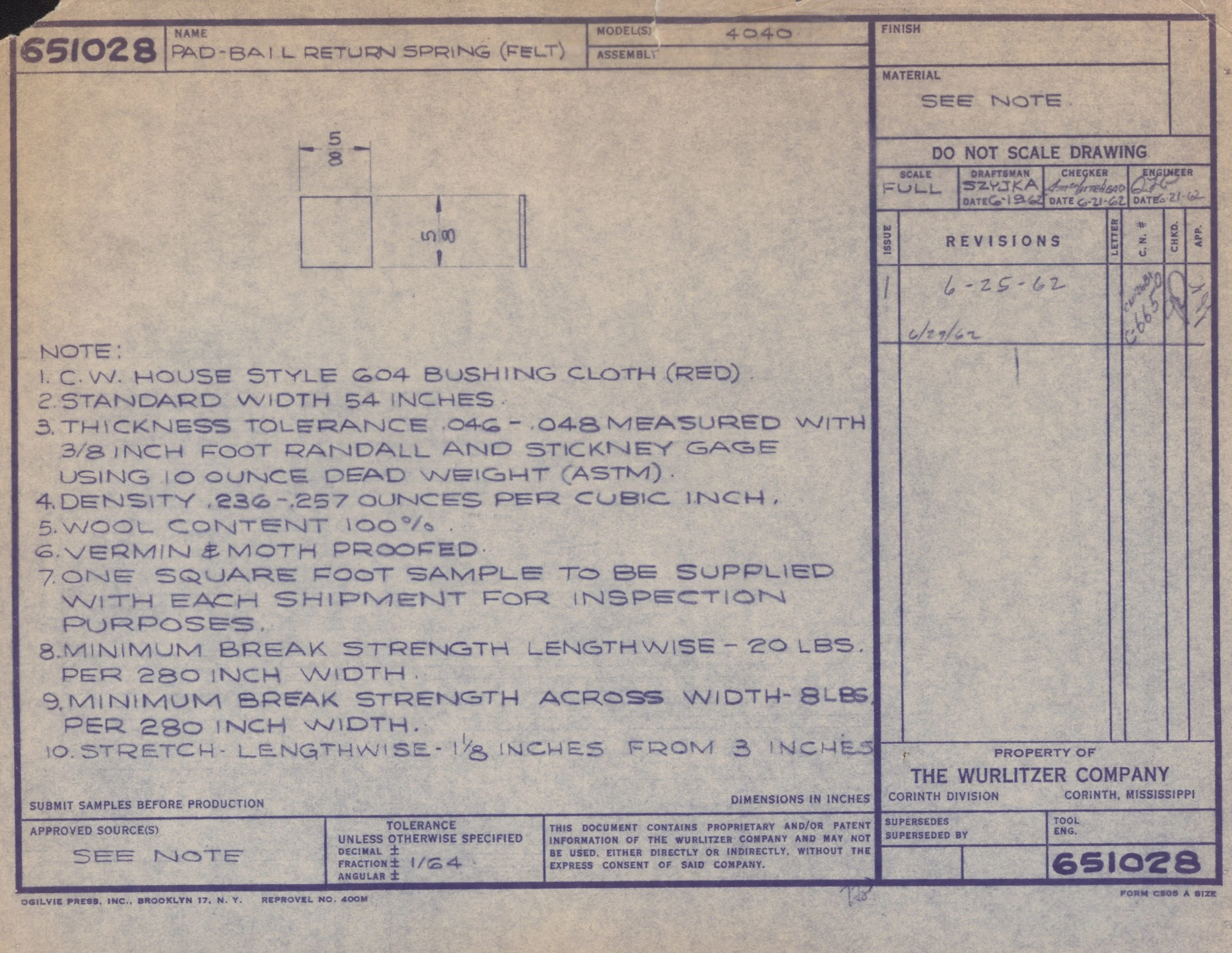 Technical blueprint for a pad-bail return spring with detailed measurements, notes, signatures, and revisions, produced by The Wurlitzer Company in Corinth, Mississippi.