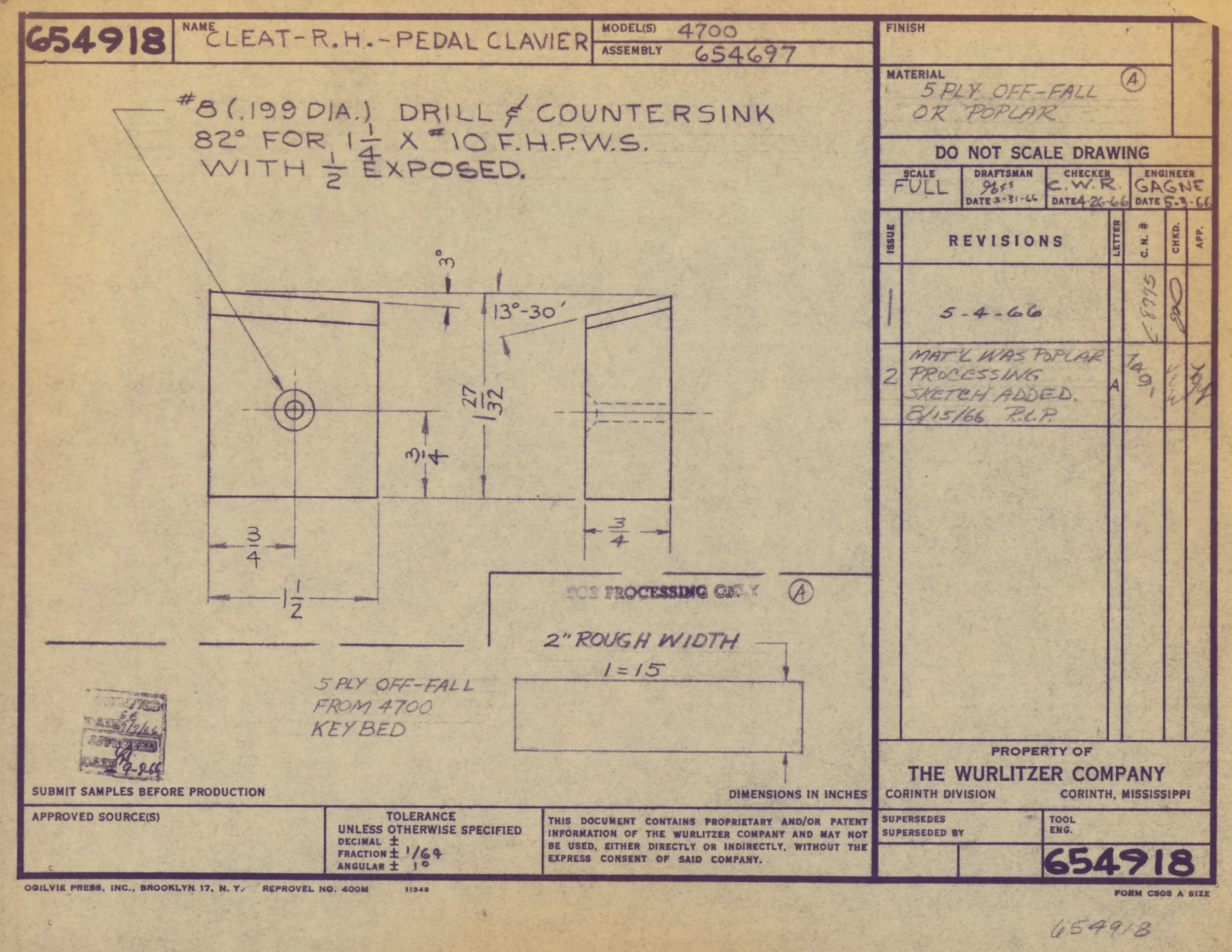 Blueprint drawing of a pedal clavier with details, measurements, and annotations.