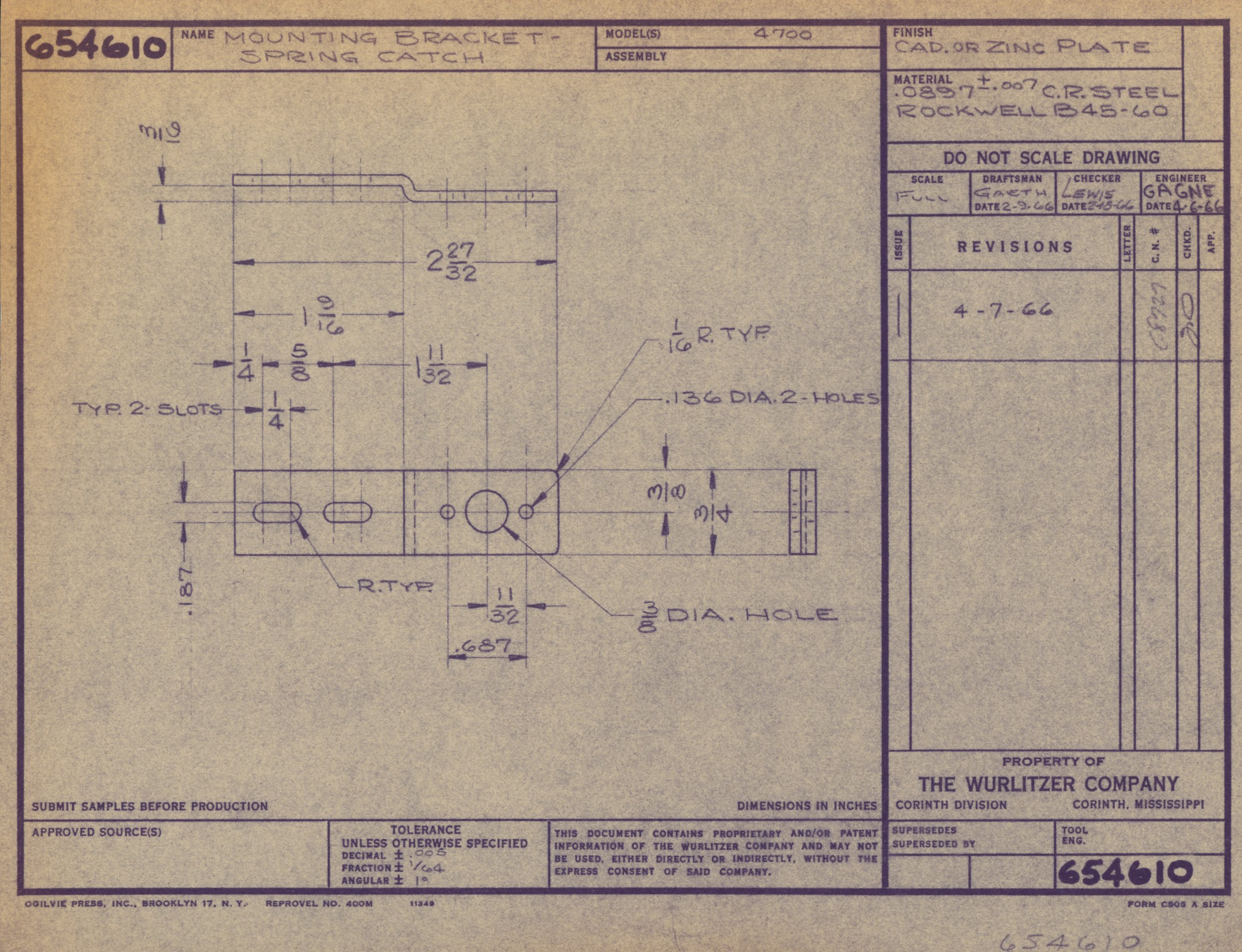 Technical drawing of a mounting bracket for a spring catch, with measurements and specifications written in blue ink on an aged yellowed blueprint paper.