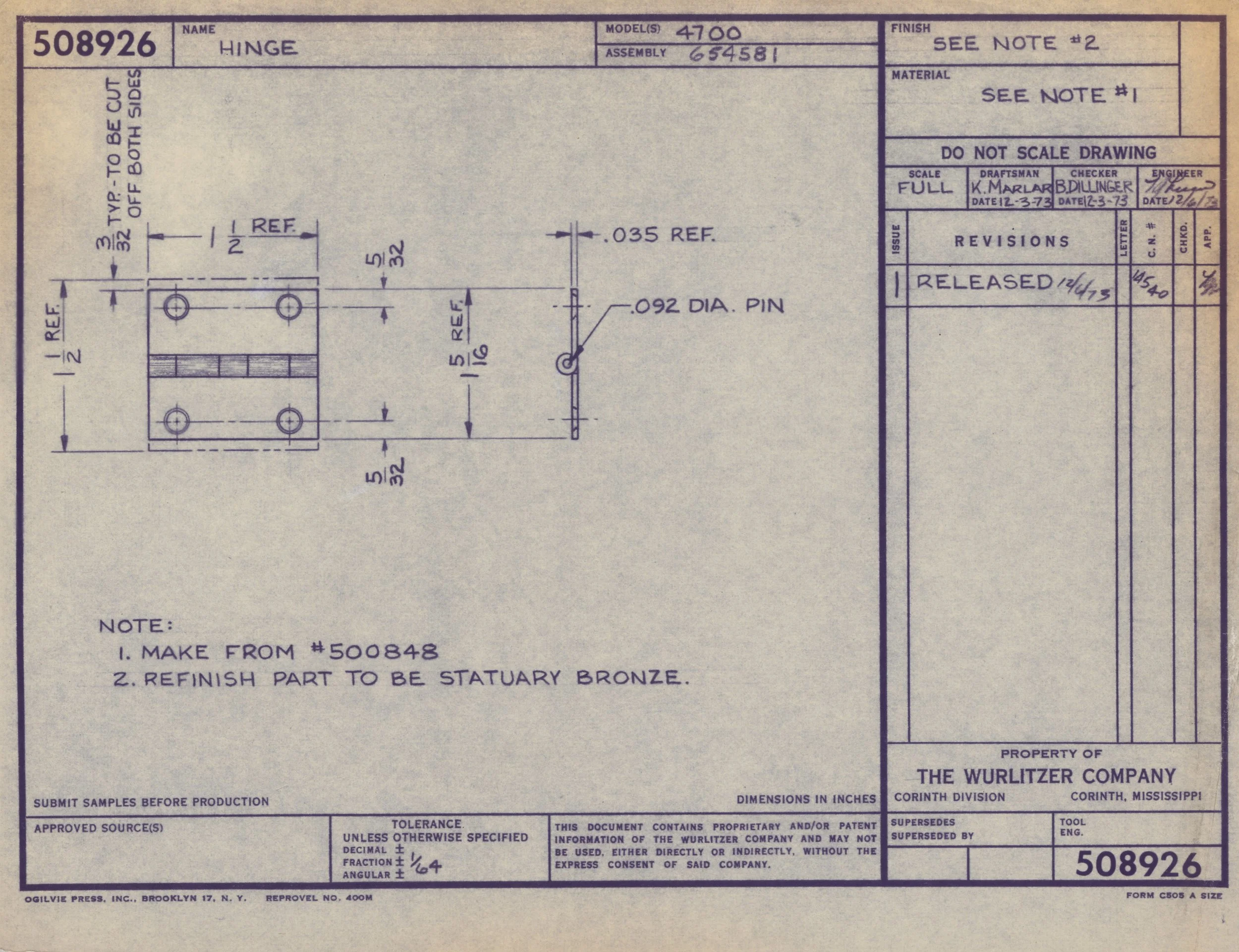 Technical drawing for a hinge, showing dimensions, notes, and approval signatures.