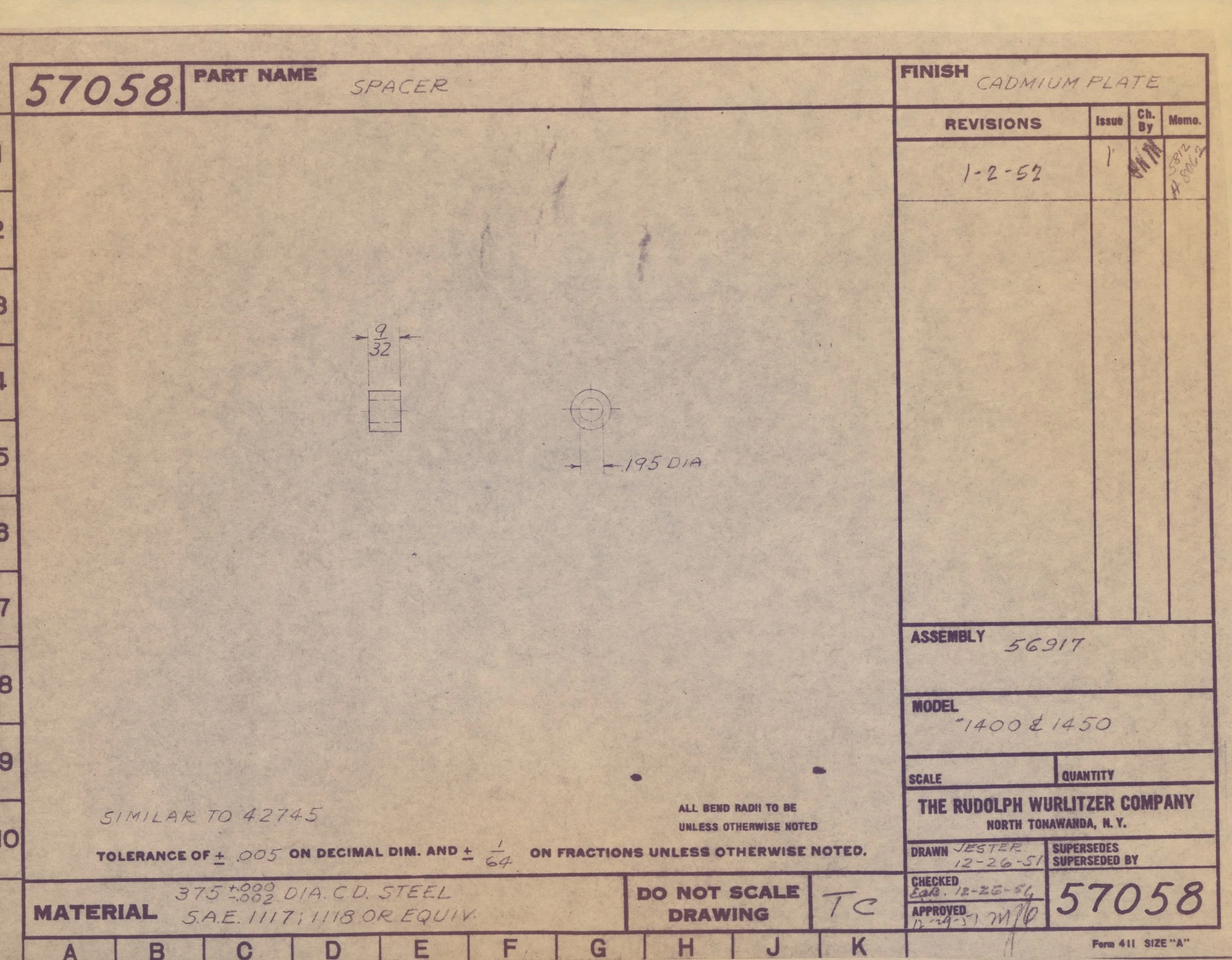 Close-up of an engineering drawing with parts specifications, part name labeled as 'Spacer,' and details including dimensions, material, and finish. The drawing is from Rudolph Wurlitzer Company, North Tonawanda, N.Y., dated January 2, 1952.