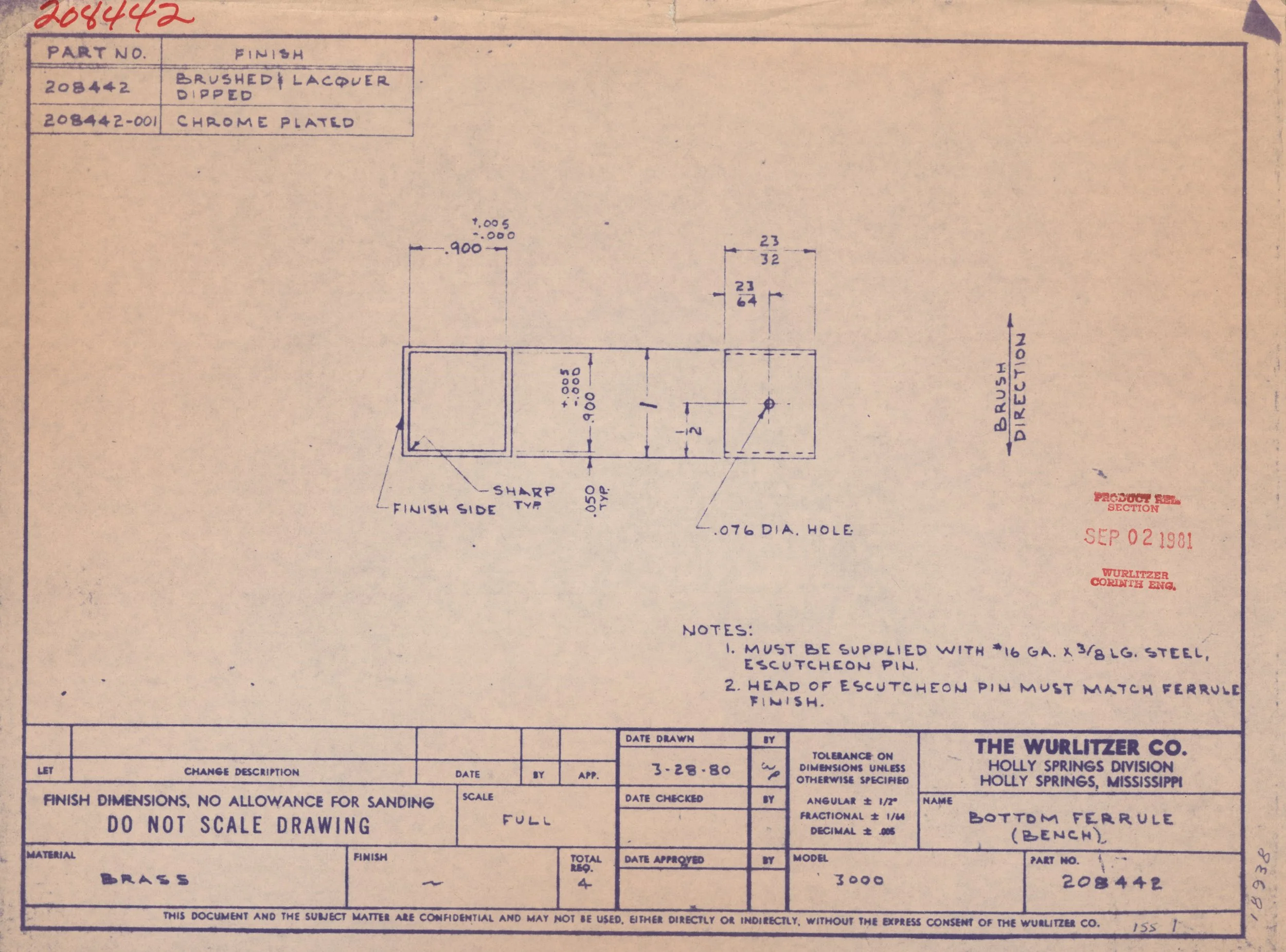 Technical drawing of a part labeled as bottom ferrule (bench) with dimensions and specifications. It includes part numbers, finish details, date, and notes for manufacturing.