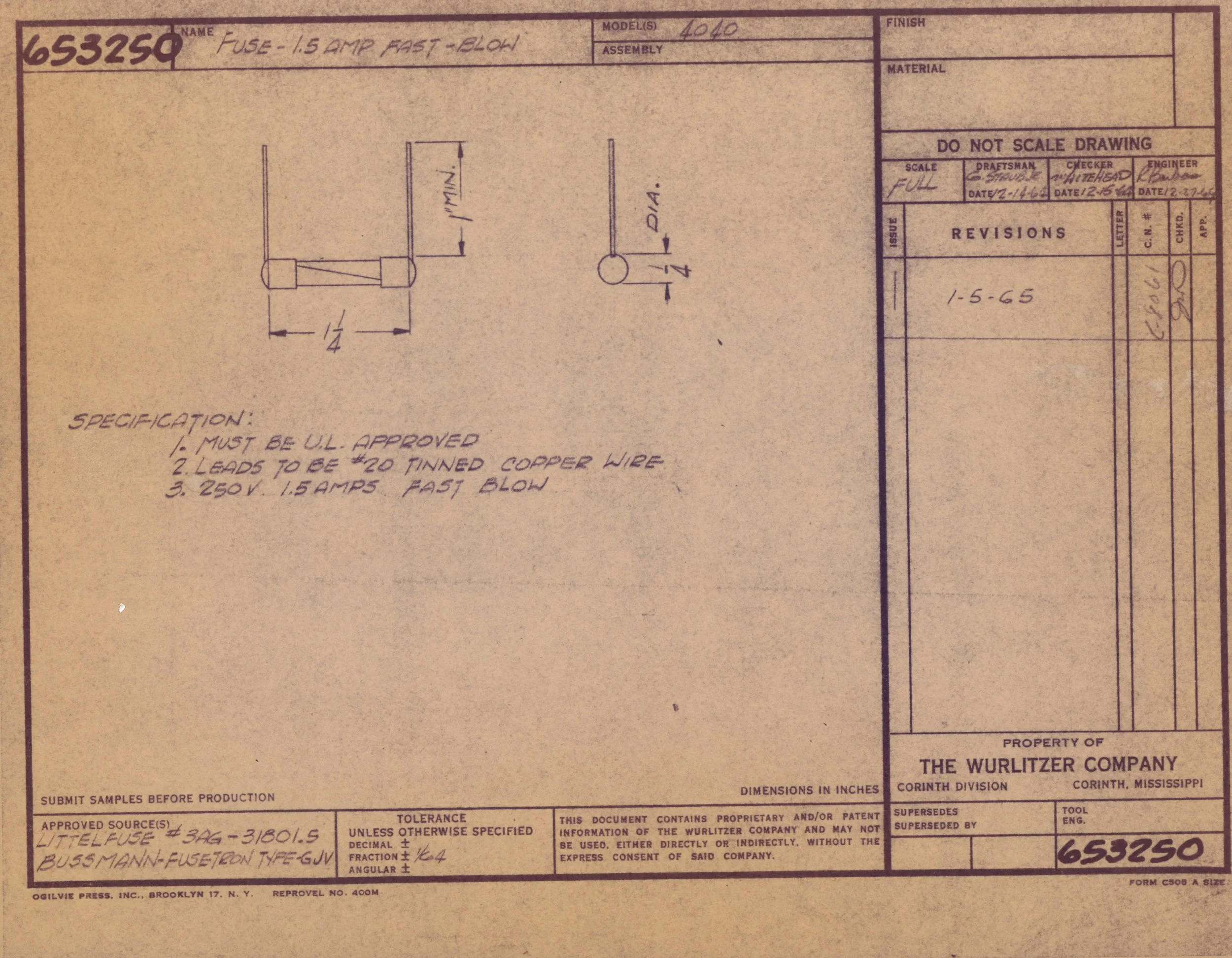 Technical drawing of a fuse, labeled with specifications and handwritten notes, including model number 4040 and date 2-14-66, with a grid layout and annotations.