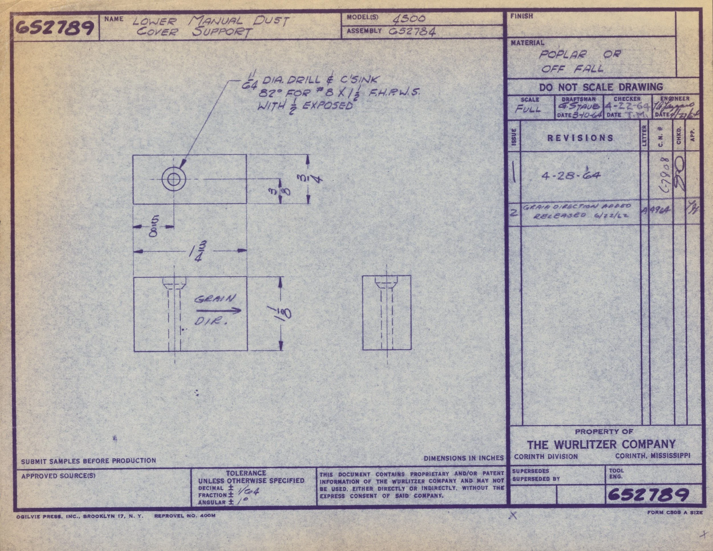 Technical blueprint for a lower manual dust cover support with detailed measurements and specifications, created by The Wurlitzer Company in Corinth, Mississippi.